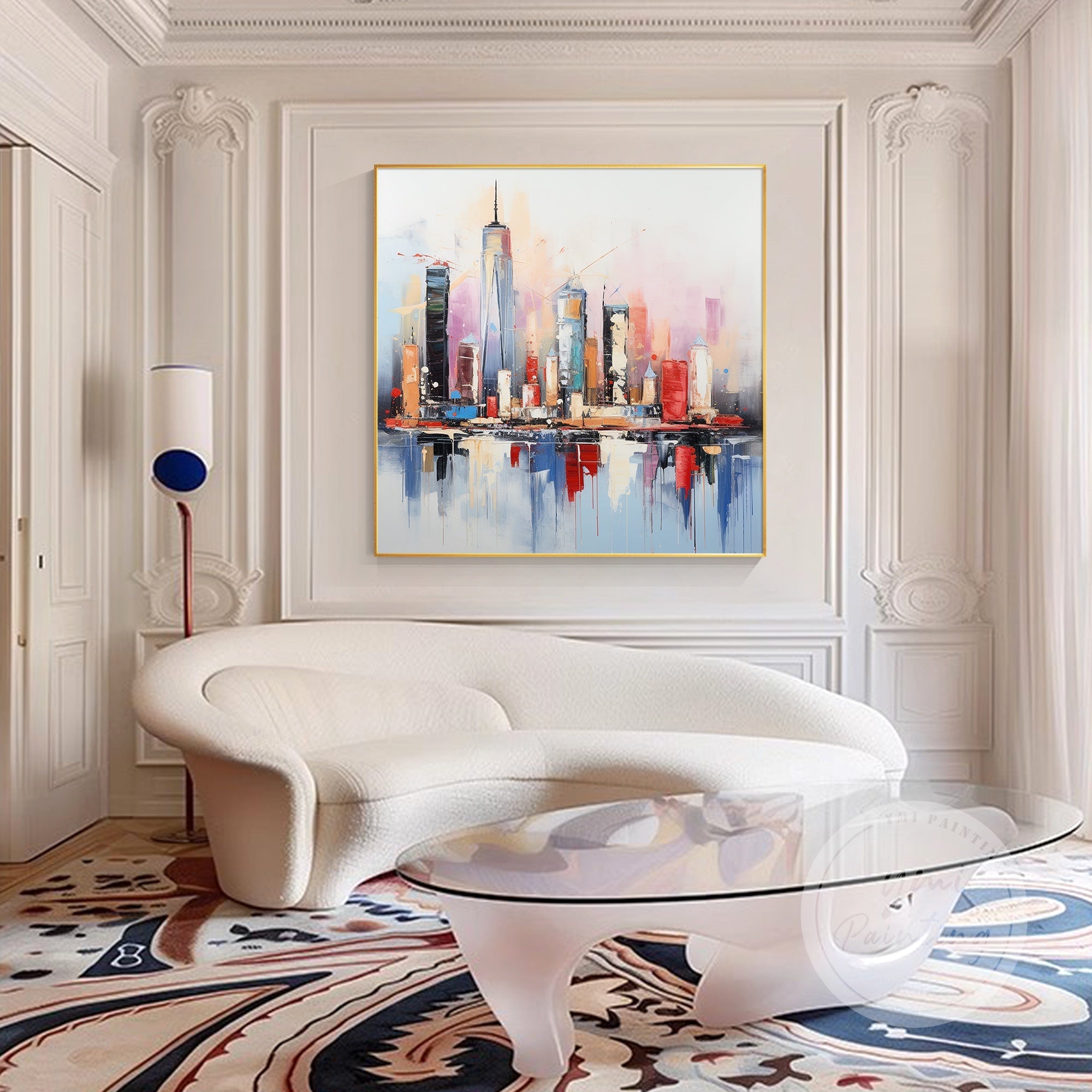 Large original NYC skyline painting with textured brushstrokes, capturing the iconic buildings and dynamic energy of the city.
