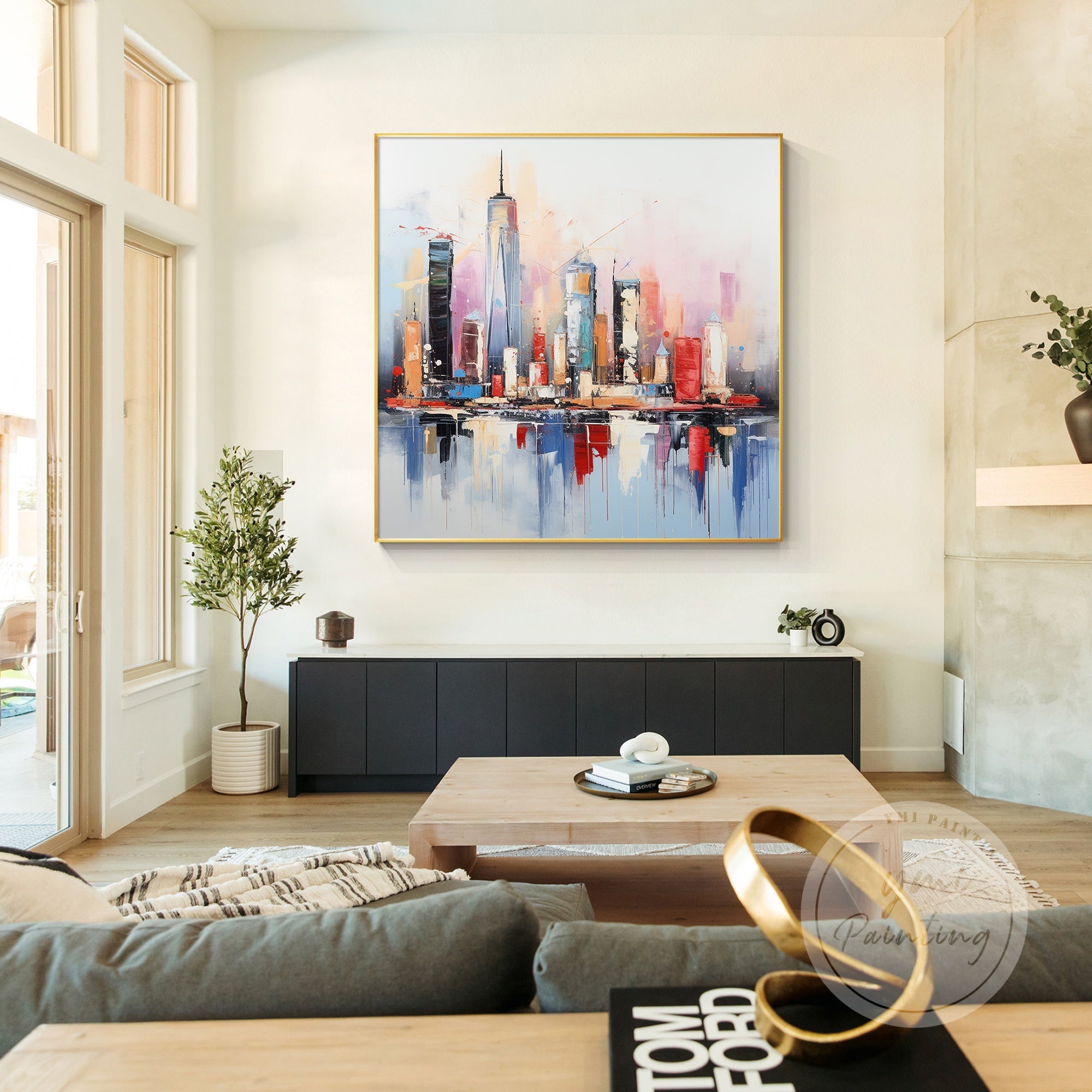 Abstract New York City painting, featuring bold strokes and vibrant colors to reflect the bustling atmosphere of NYC.