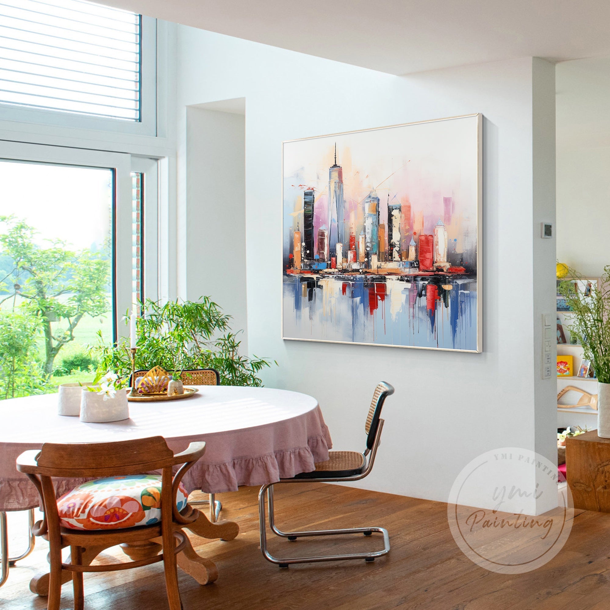Textured oil painting of the New York City skyline, perfect for adding a contemporary touch to any urban-inspired space.