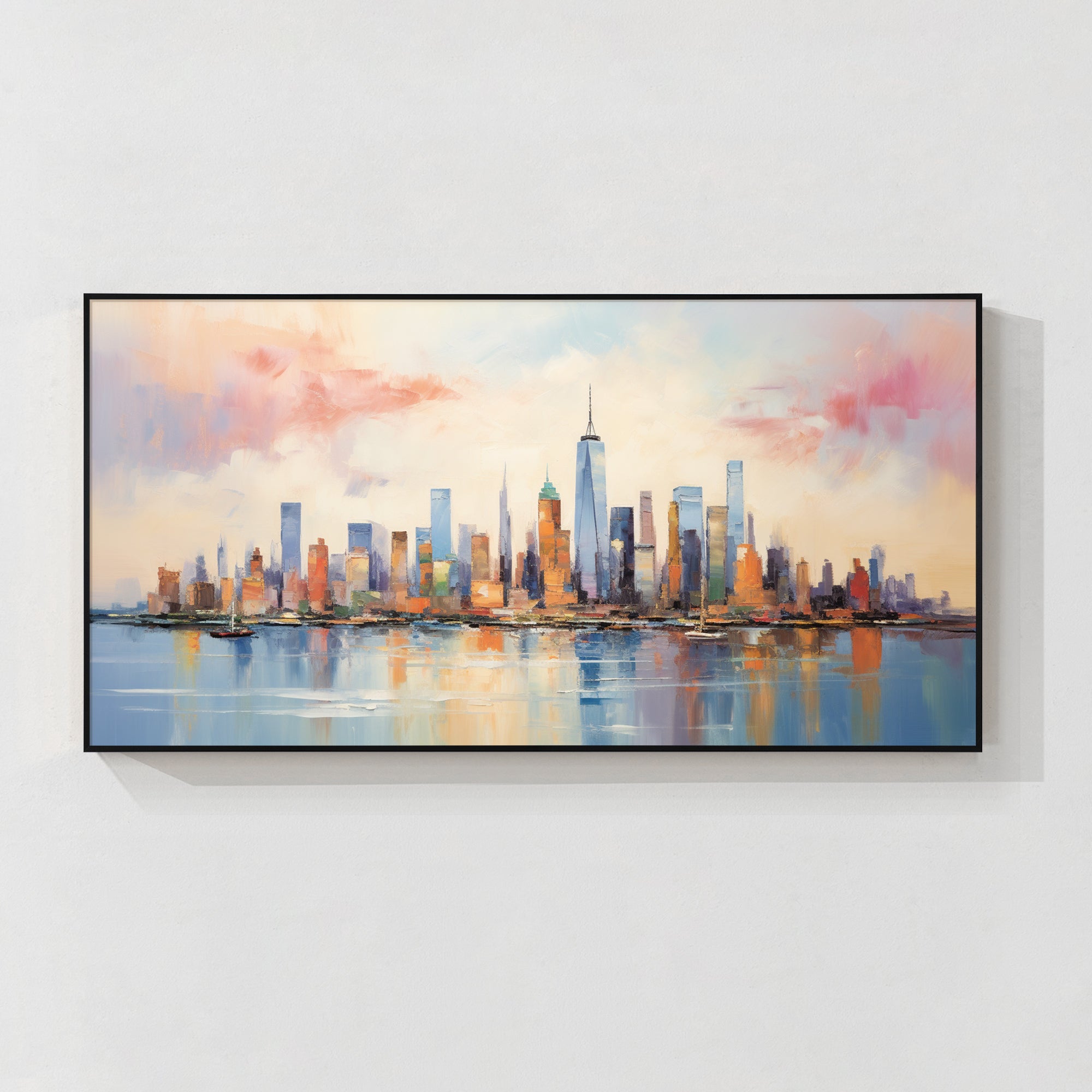 Gold and blue abstract New York city painting on canvas
