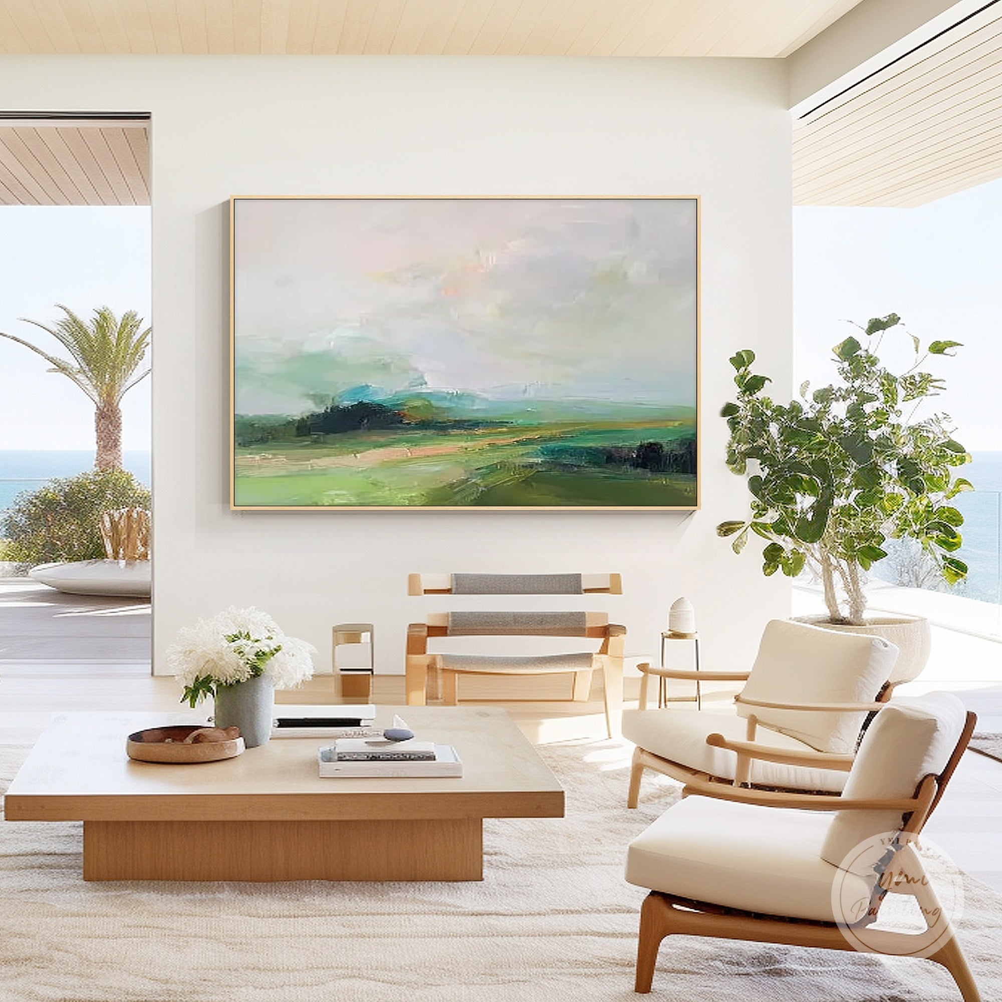 Hand painted green abstract landscape wall art in a minimalist living room interior