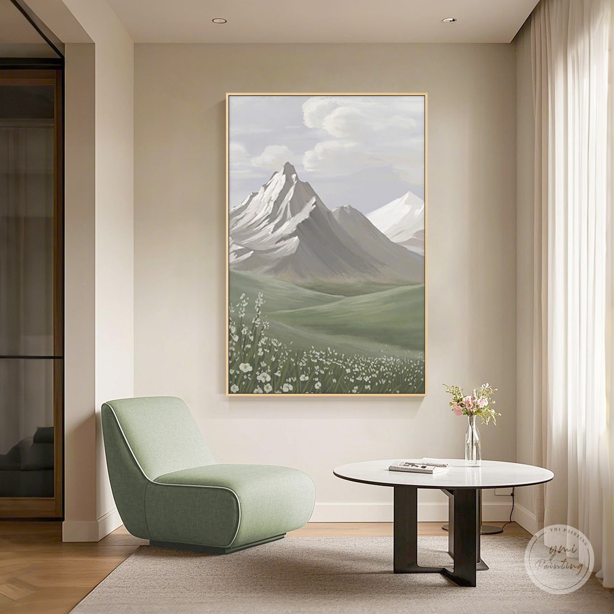 White wildflowers and green grass landscape artwork for balcony or outdoor space