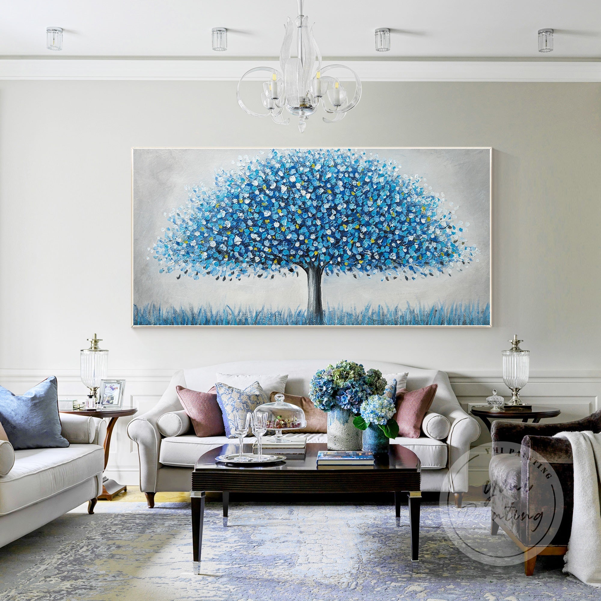 "Vibrant modern art painting featuring a large blue tree"