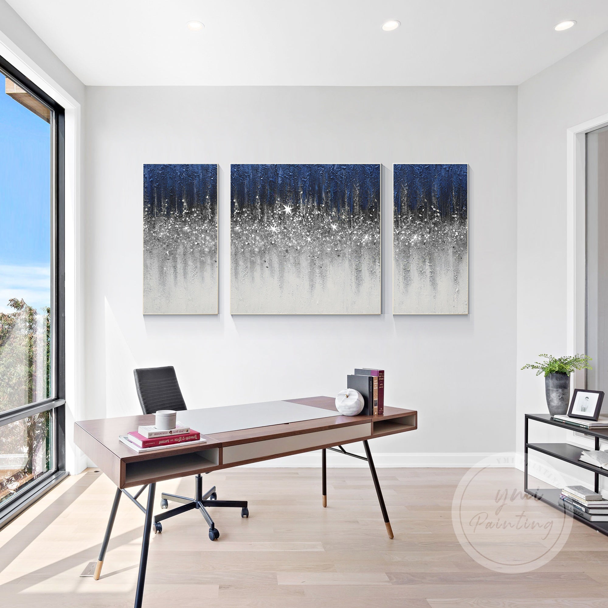 Contemporary 3-panel wall art set with crushed glass, glitter, and navy blue