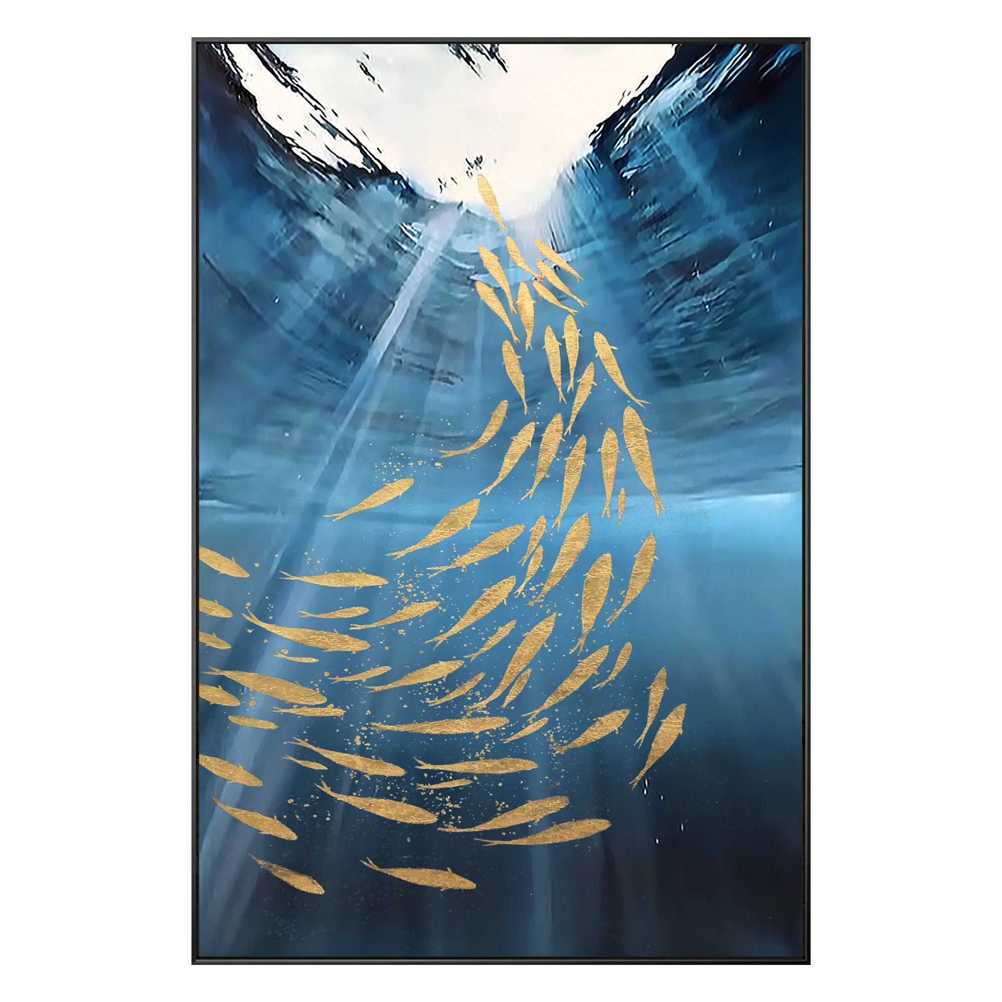 ネイビーブルーとゴールドの抽象的な魚の壁アート、海にインスパイア