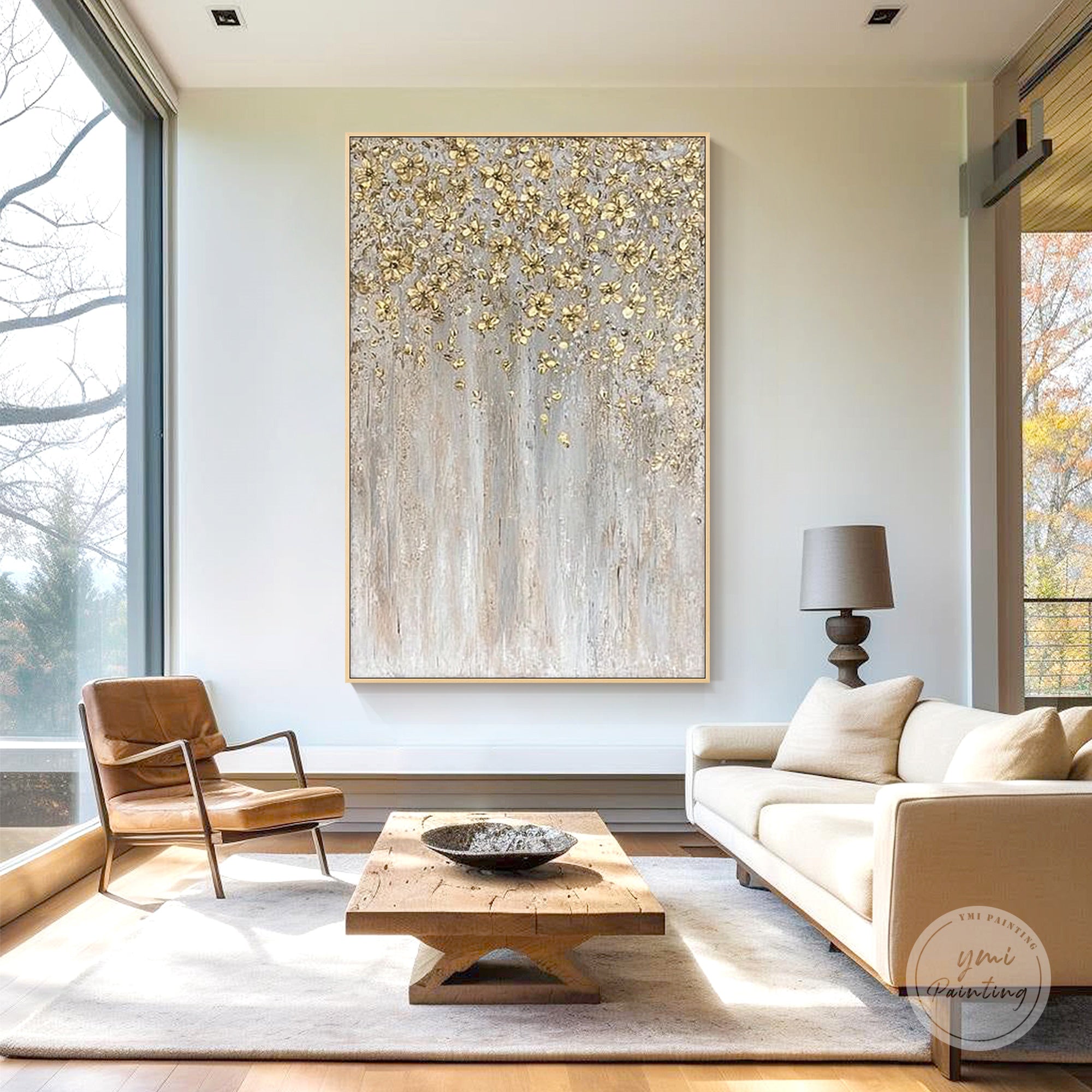 Neutral abstract canvas with vertical brushwork beneath gold texture