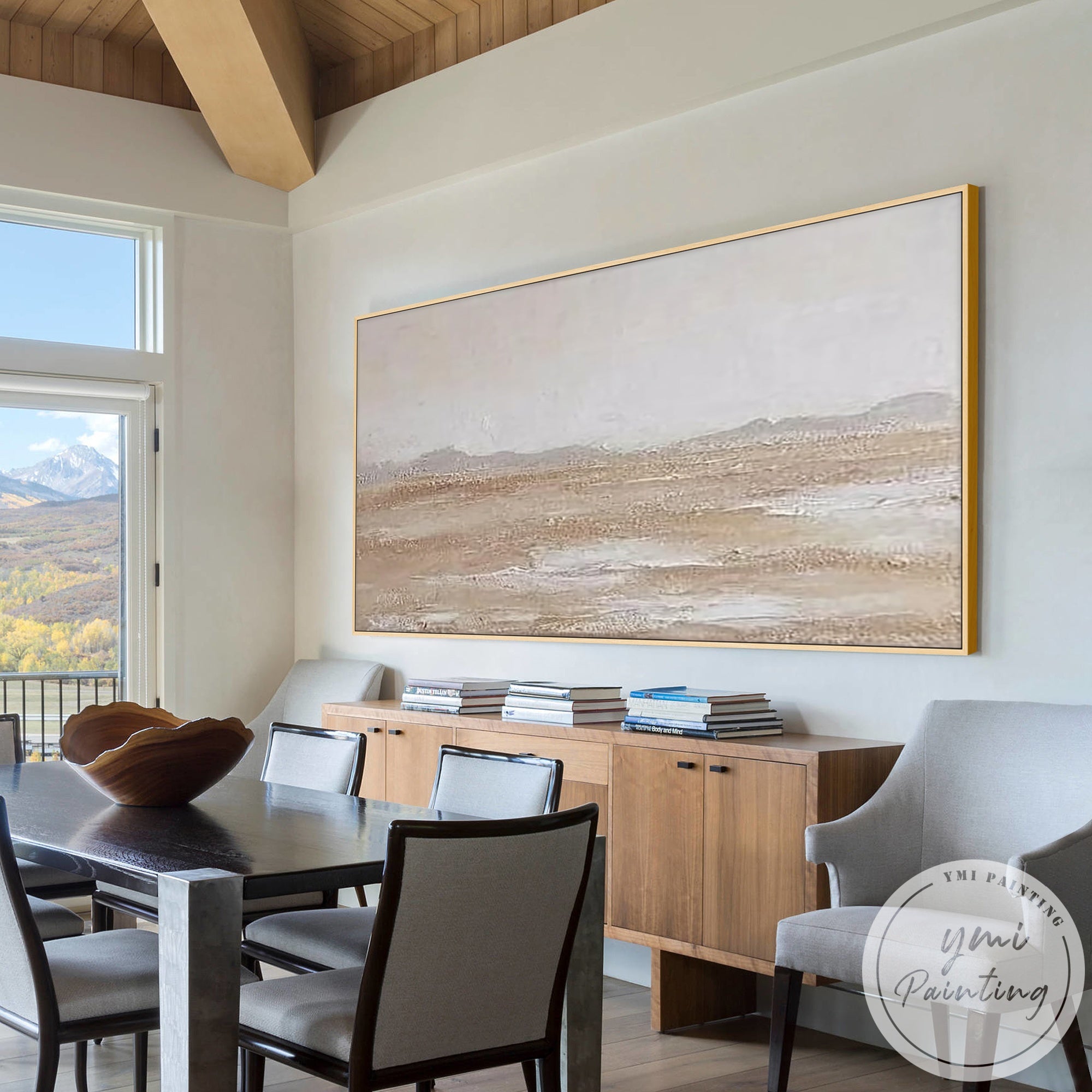 Textured beige landscape artwork in Scandinavian style living room interior