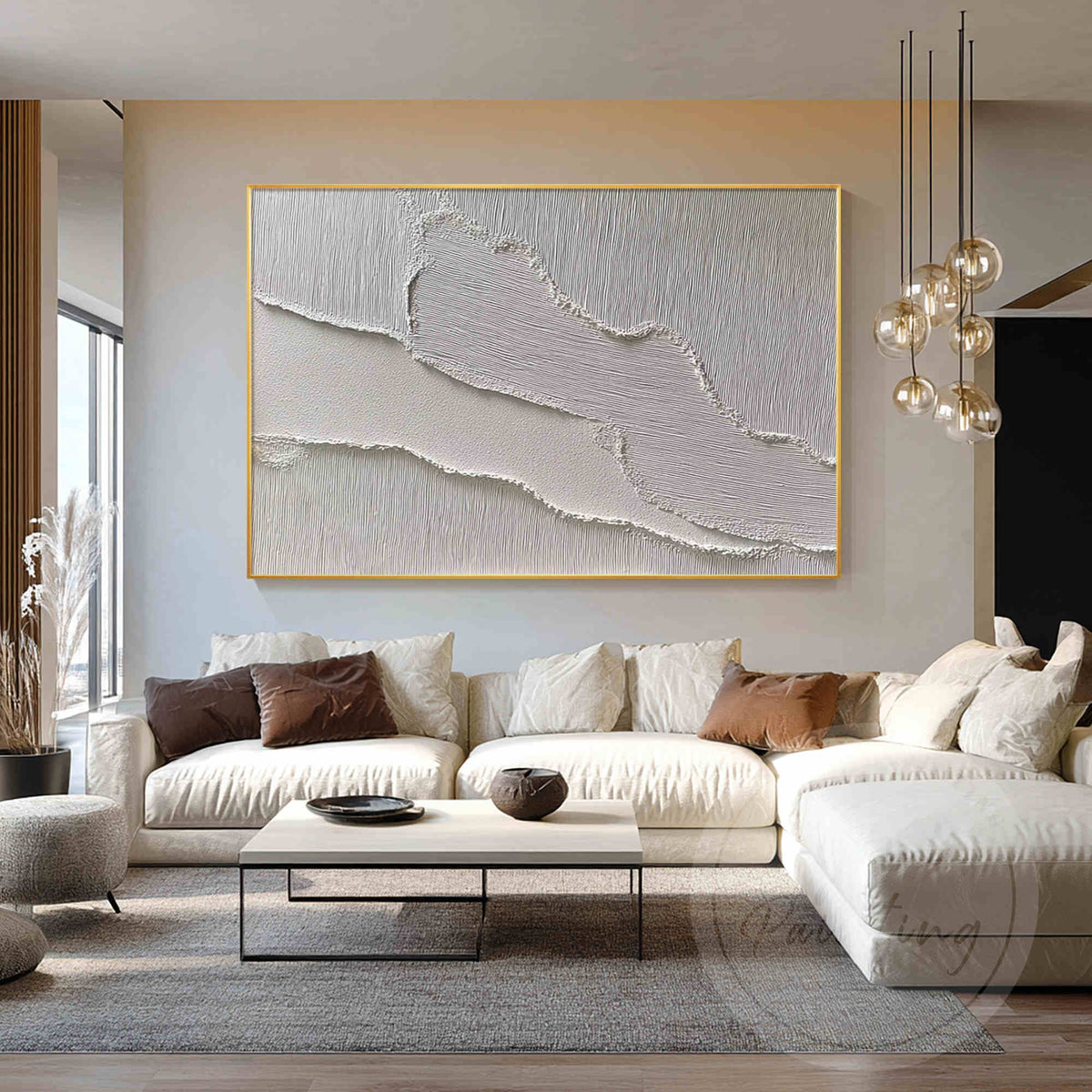 Neutral modern wall art with handcrafted plaster finish.
