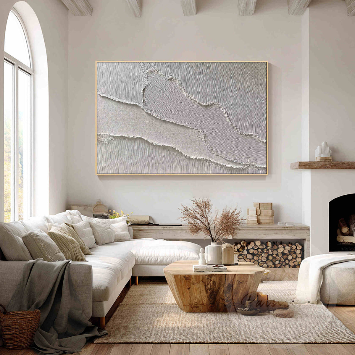 White abstract textured canvas inspired by organic landscape forms.
