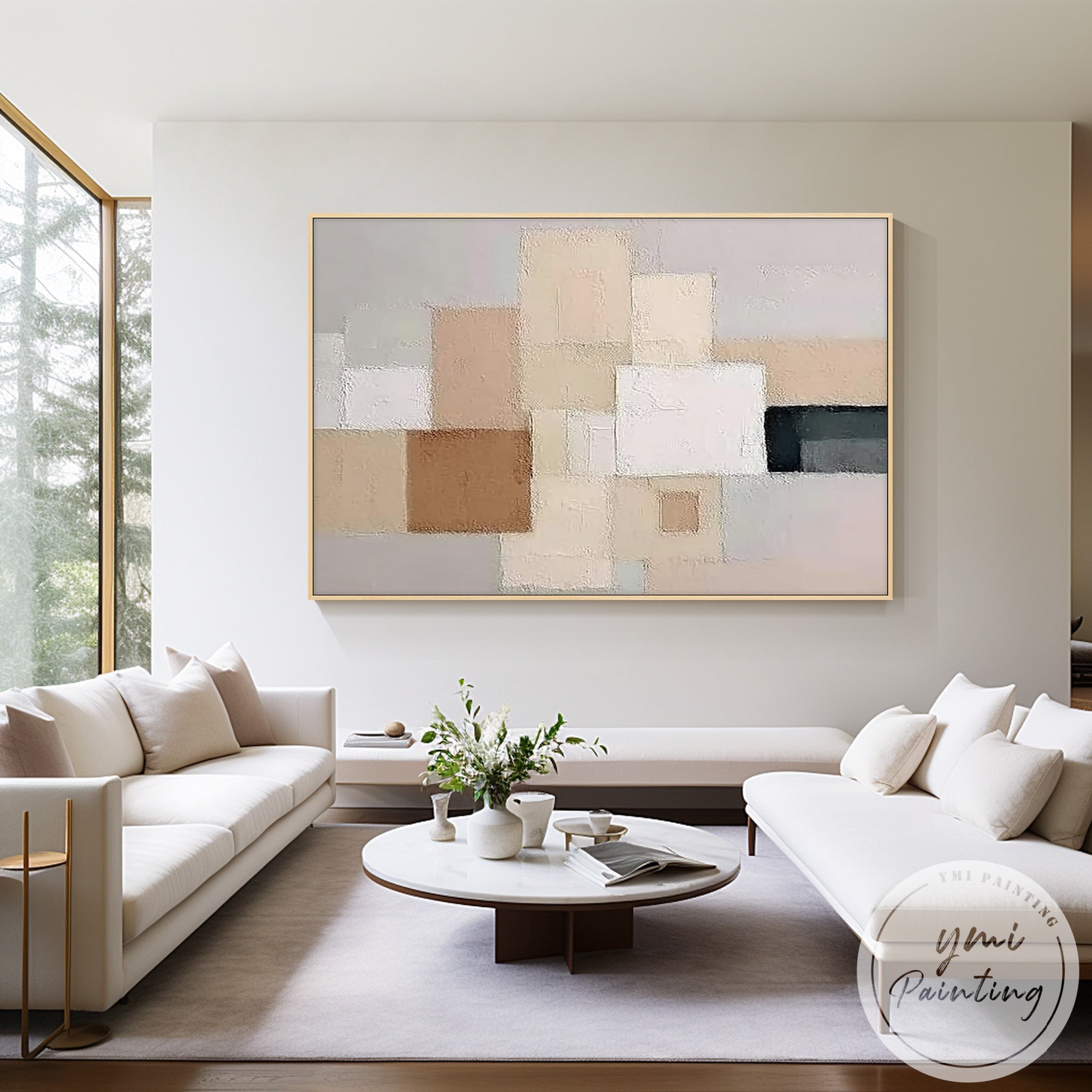 Modern abstract block wall decor with black detail in bedroom interior