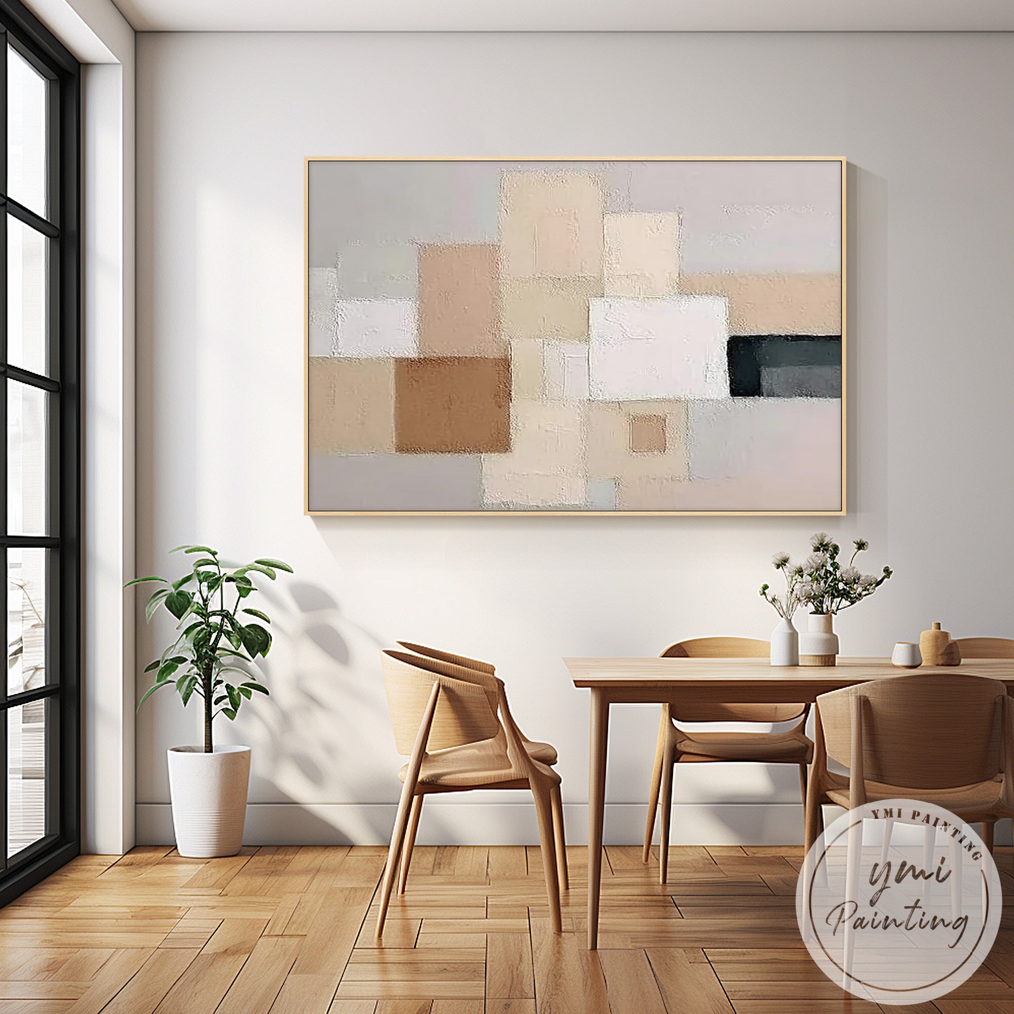 Beige and gray minimalist canvas painting in contemporary living room
