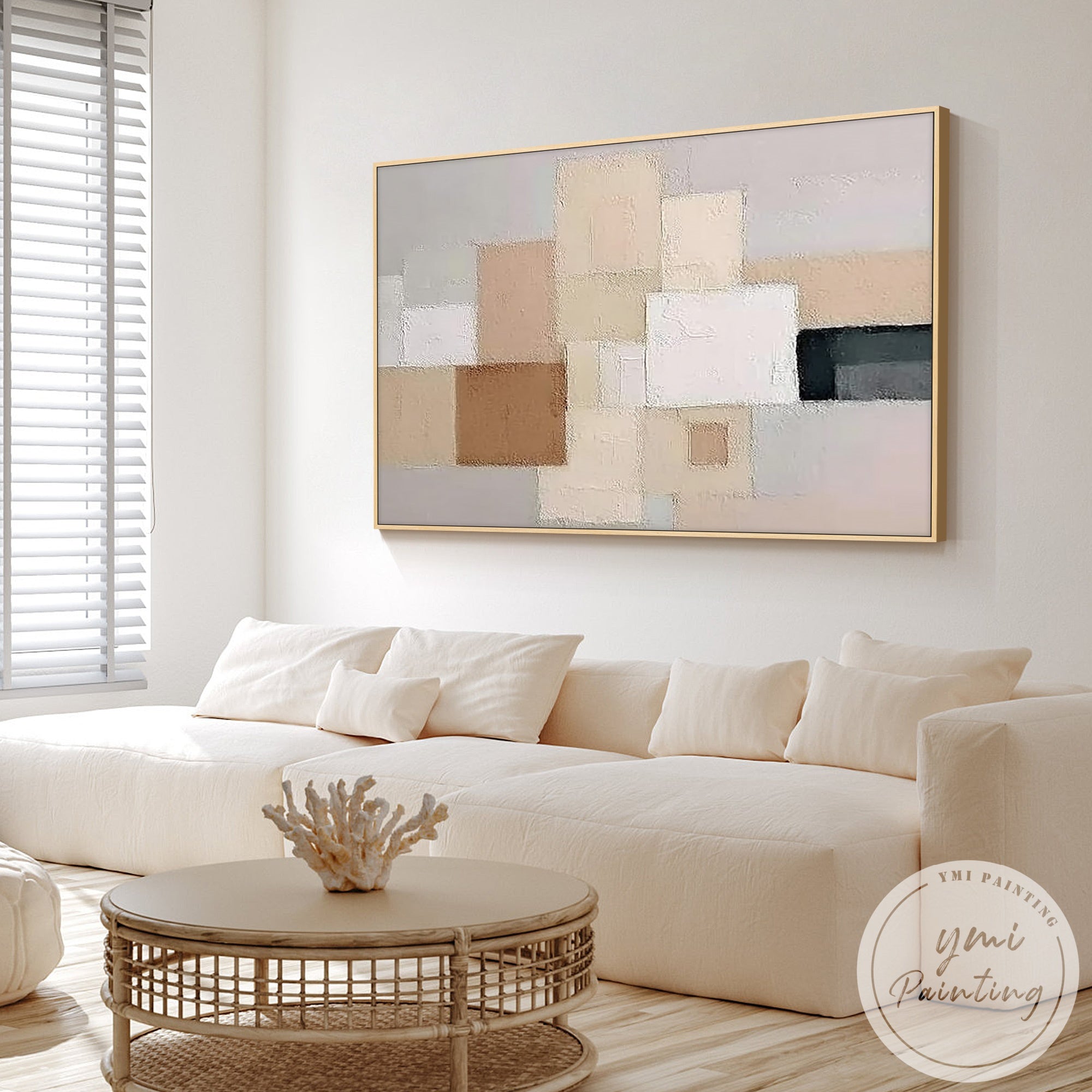 Textured beige abstract wall art displayed in Japandi living room