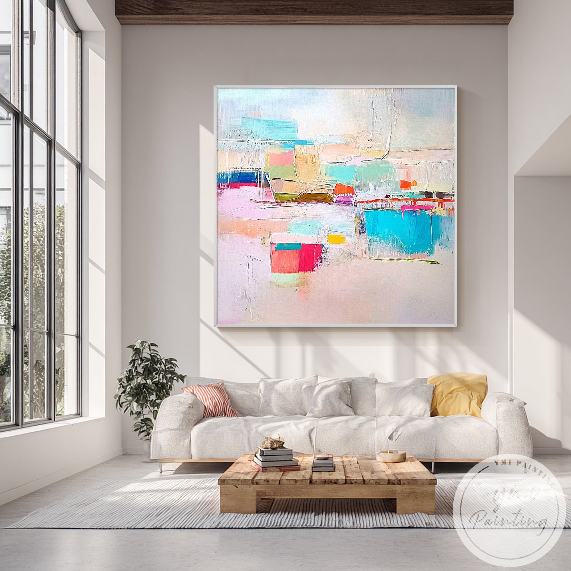 Beige textured canvas painting displayed in modern dining room