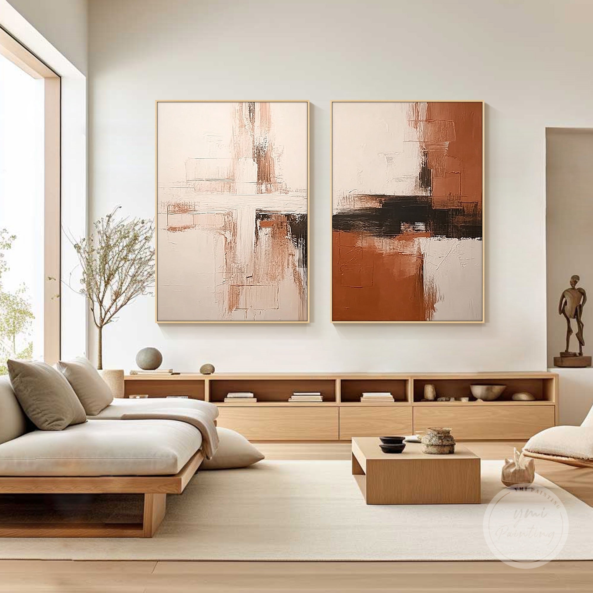 Minimalist geometric canvas art diptych, ideal for contemporary living rooms or bedrooms.