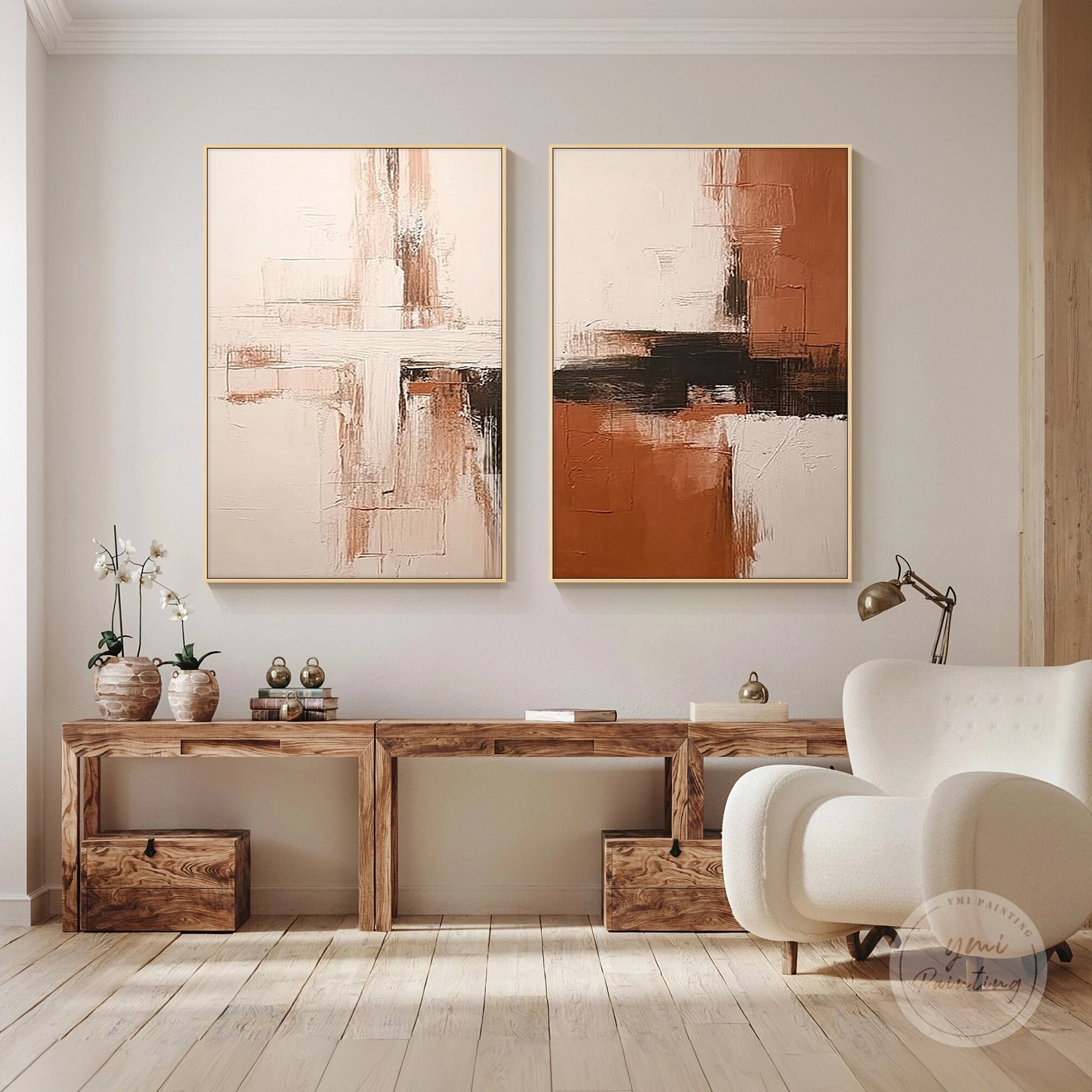 Neutral abstract wall art set with beige and brown palette, adding balance and sophistication.