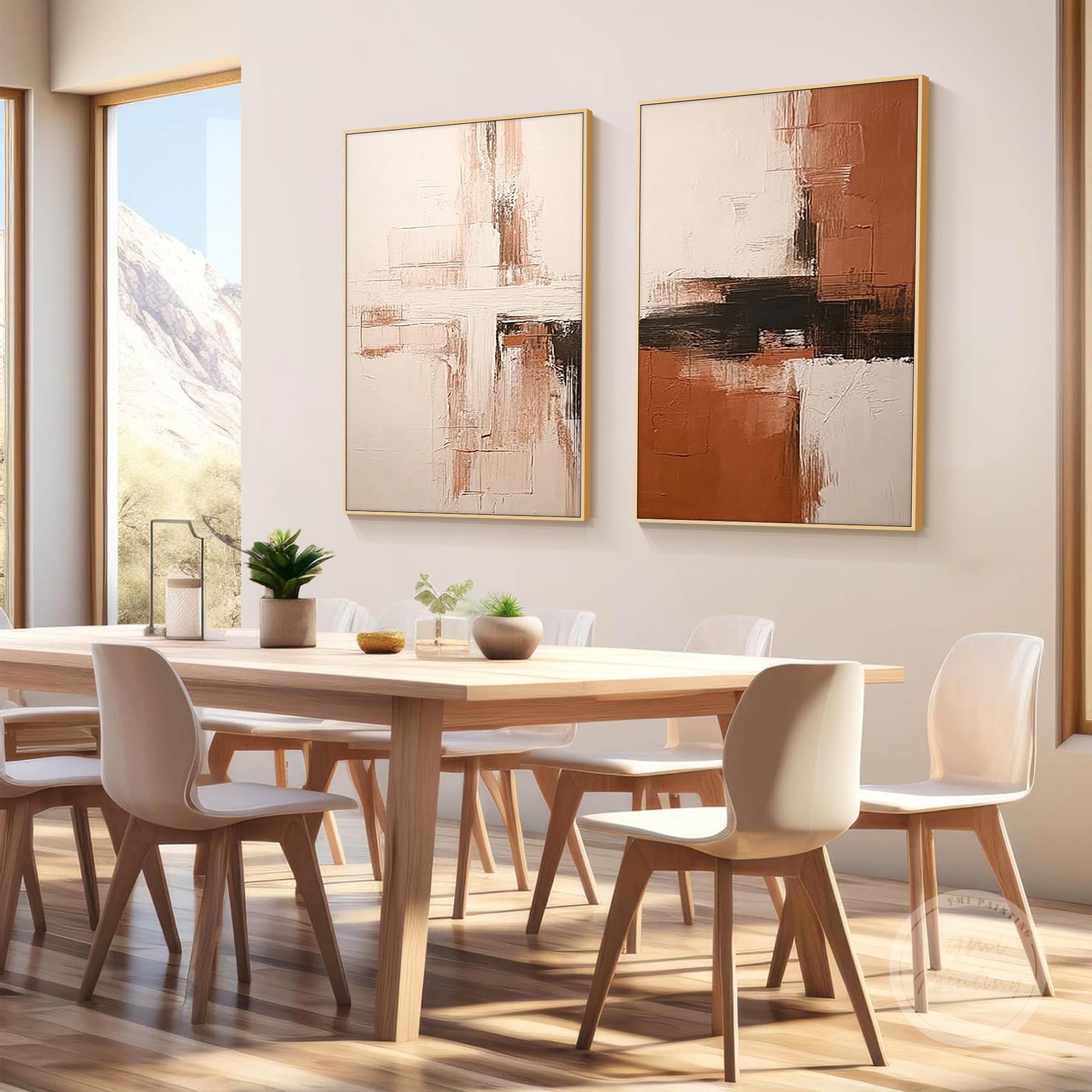 Textured abstract diptych artwork with soft neutral tones, creating a calm and refined atmosphere.