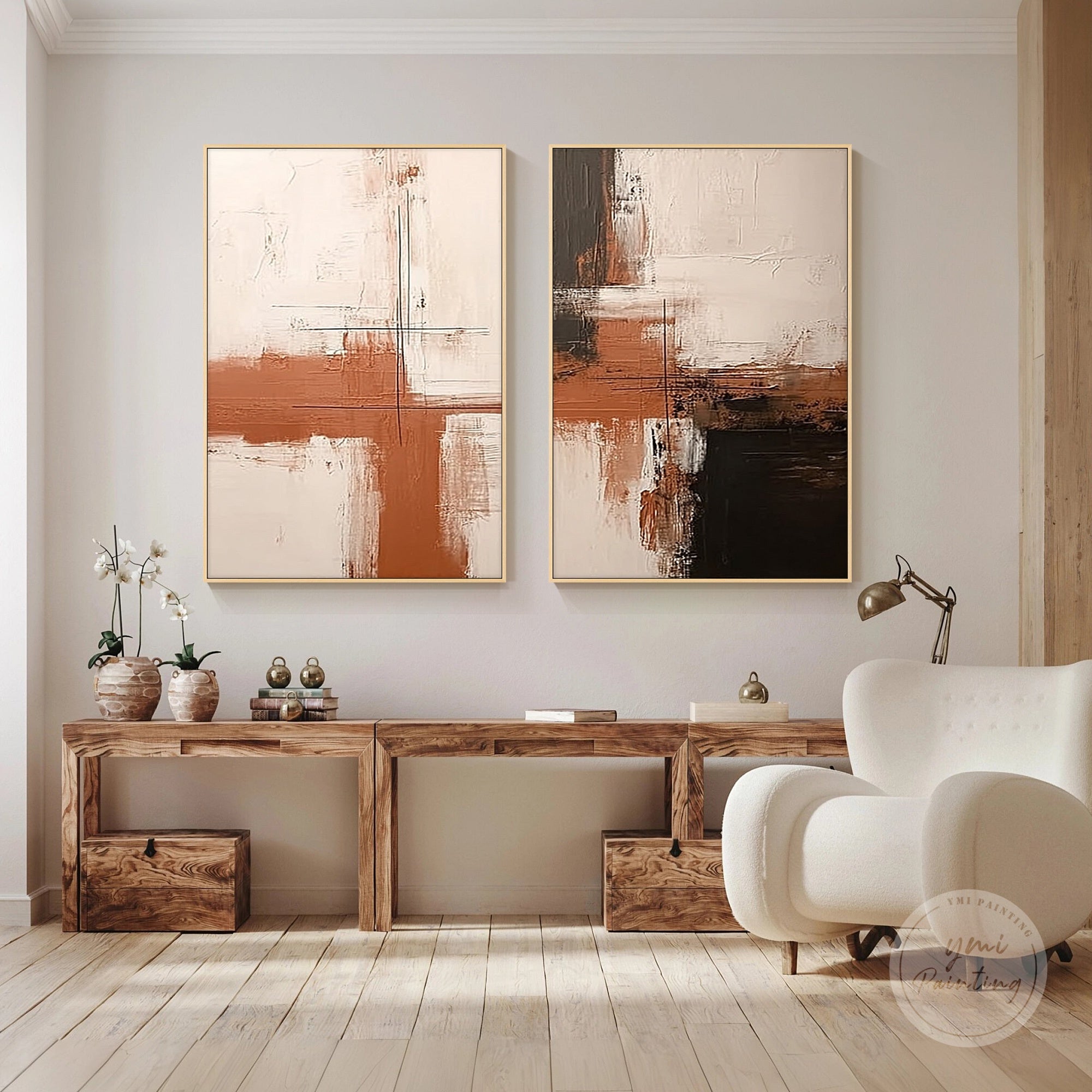 Contemporary geometric abstract painting pair, perfect for minimalist interiors.