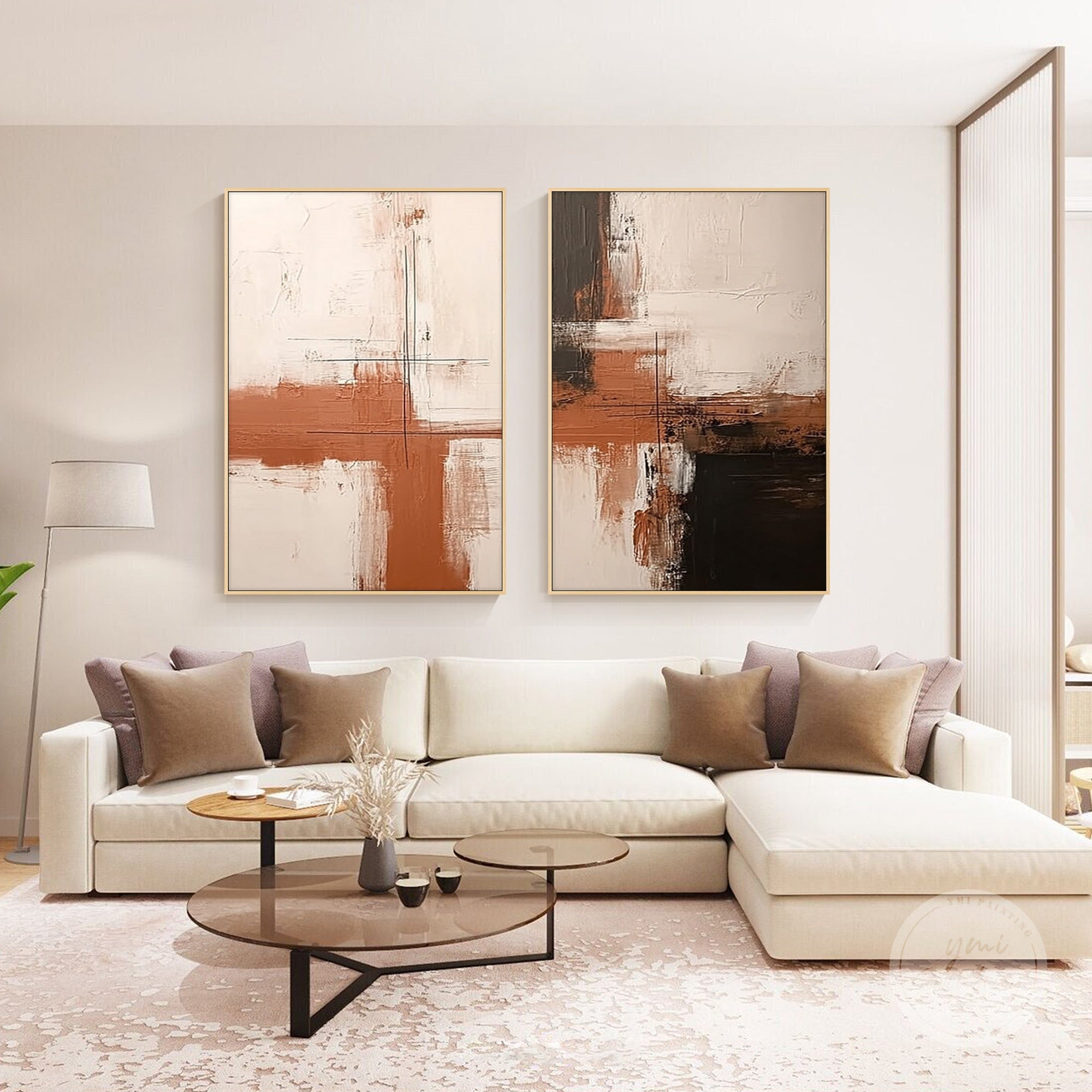 Textured abstract diptych artwork in neutral tones, creating a calm and elegant atmosphere.