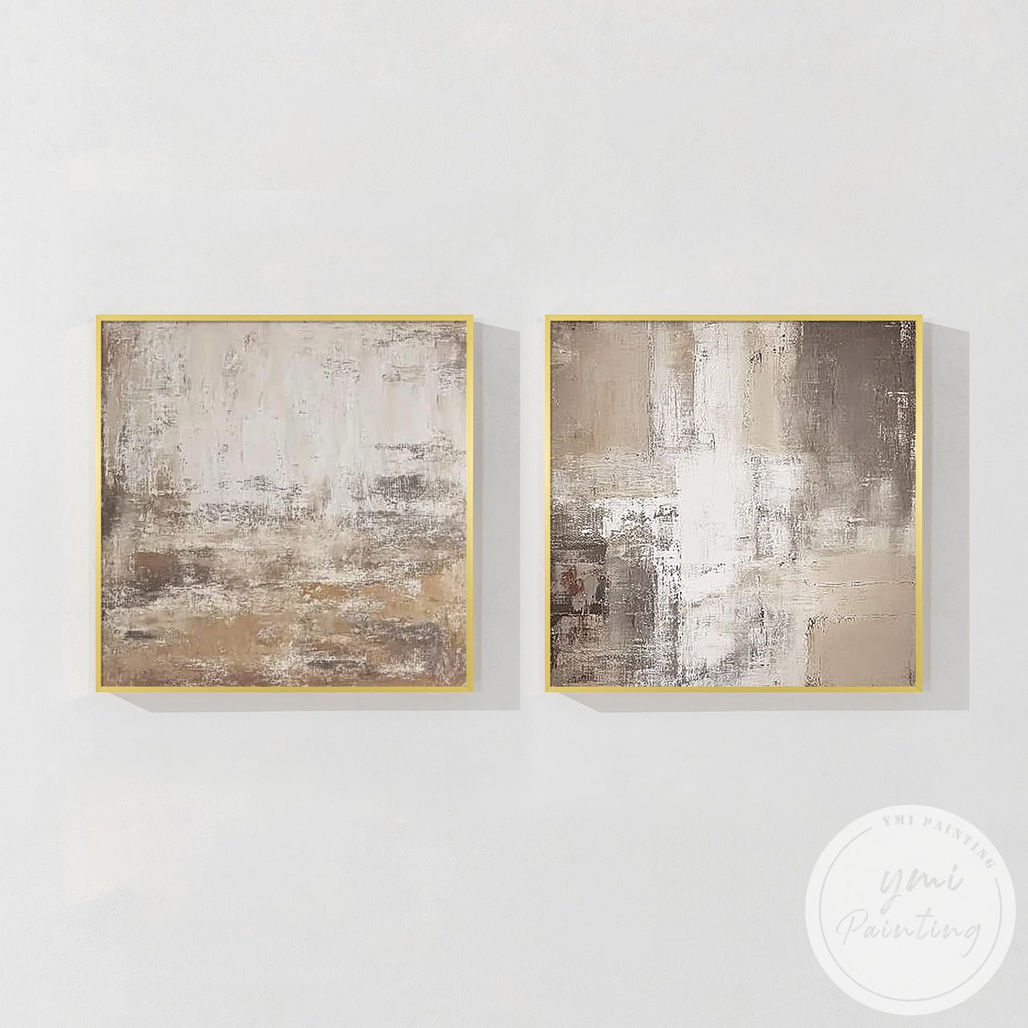 Beige abstract diptych wall art set with neutral tones and textured brushwork