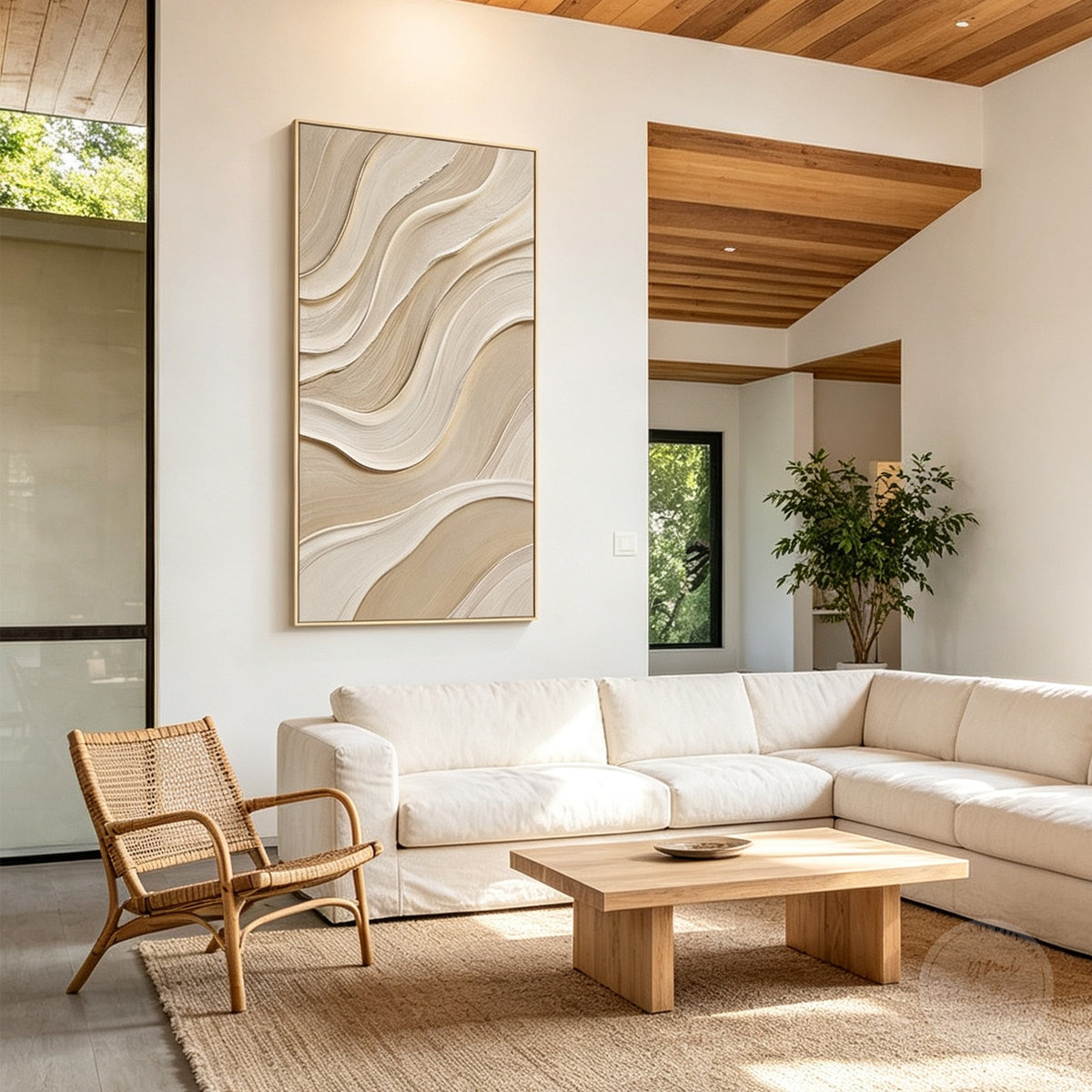 Minimalist beige abstract wall art with layered flowing lines