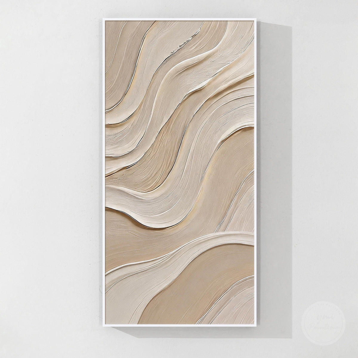 Beige textured abstract painting with flowing cream wavy lines