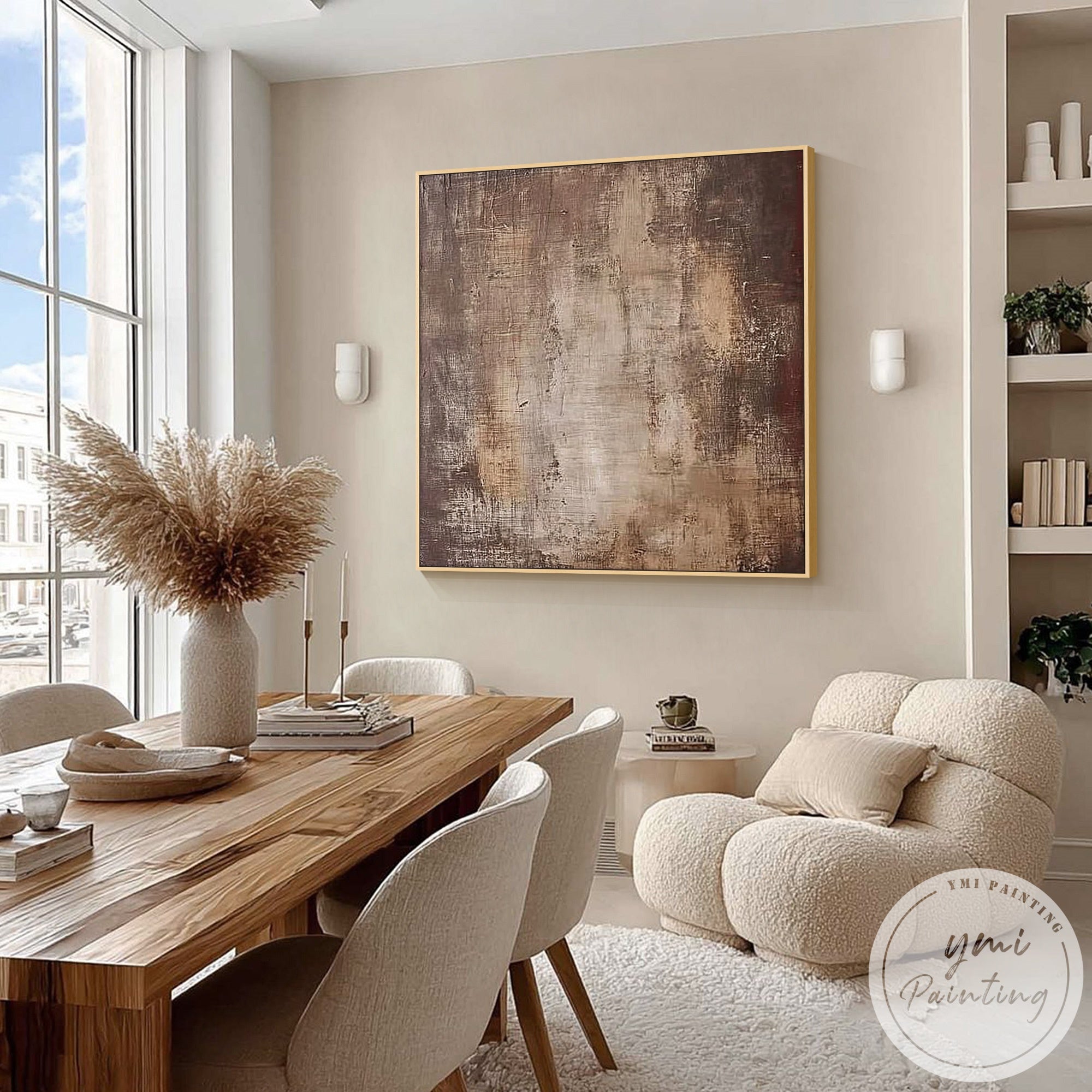 Rustic abstract canvas painting in Japandi style living room with natural wood elements