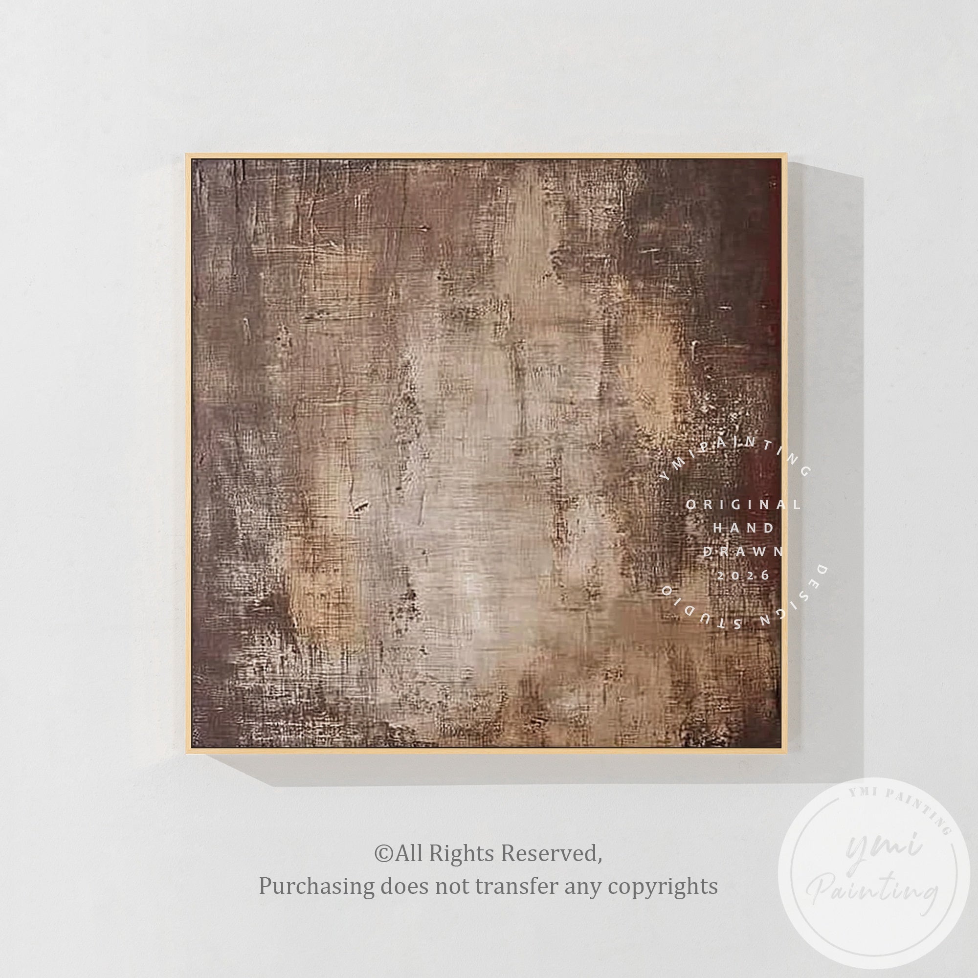 Brown and beige abstract artwork displayed above wooden dining table in dining room