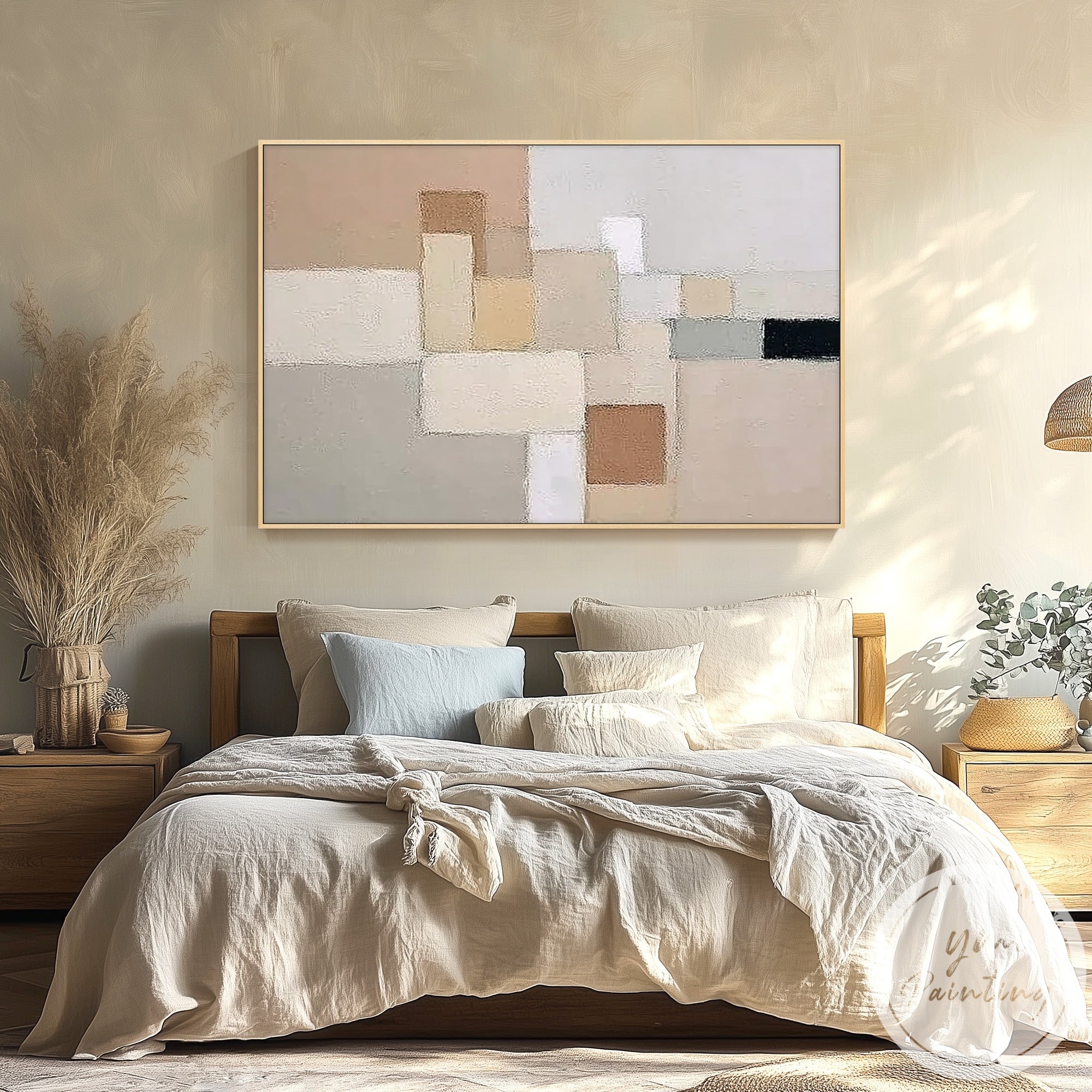 Beige and gray geometric painting displayed above wooden console table