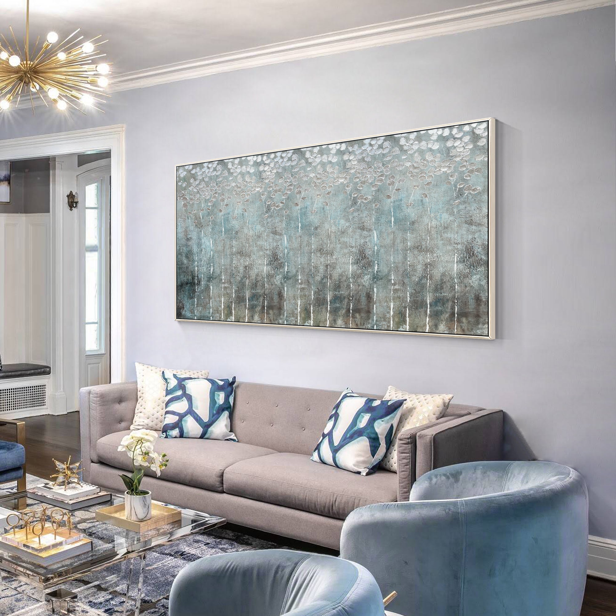 Neutral abstract wall art featuring gray and silver shades with tactile textured surface