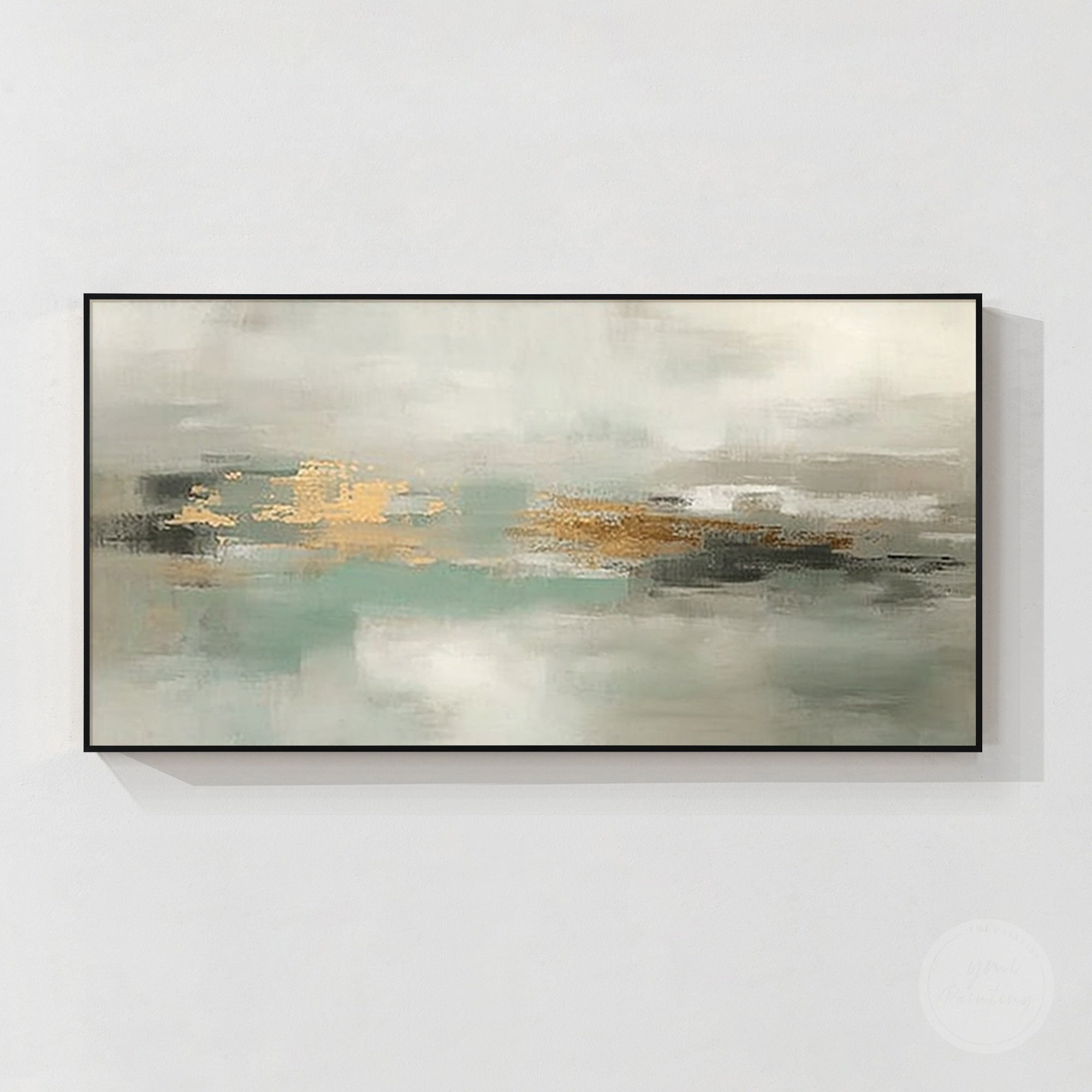 Neutral abstract canvas painting in sage green aqua ivory gray and warm gold