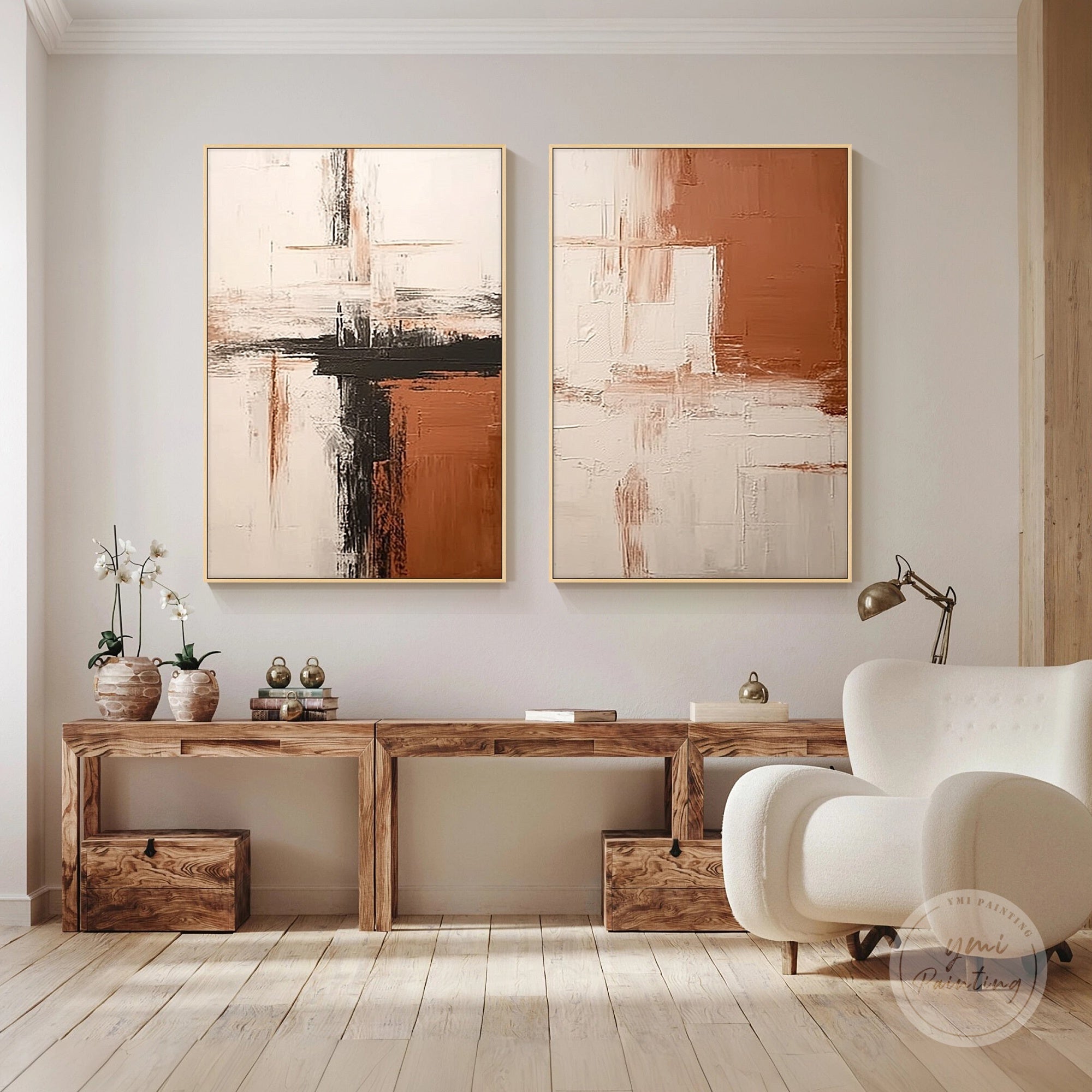 Hand-painted neutral abstract painting set with minimalist geometric composition.