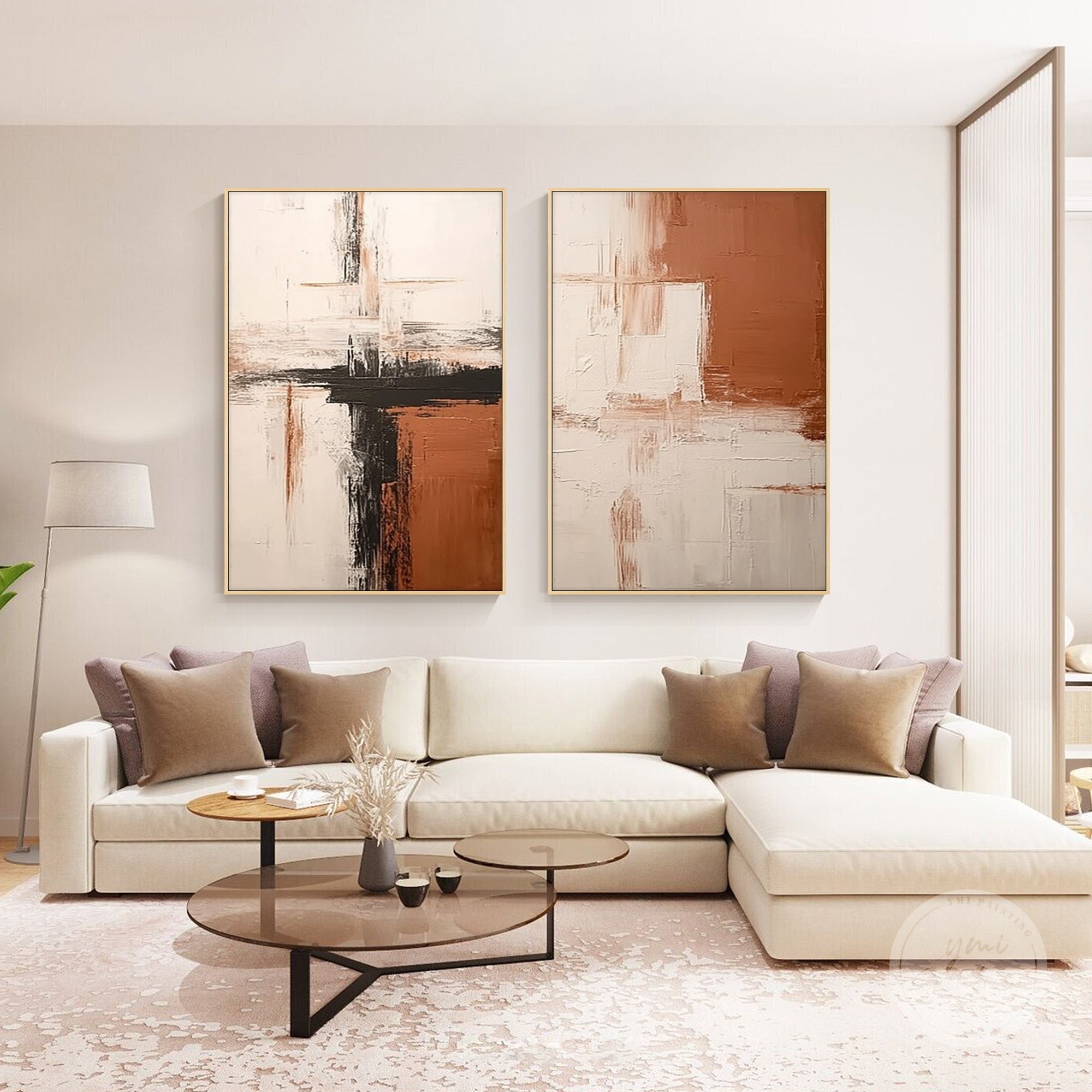 Beige and brown abstract canvas art diptych, ideal for modern living rooms or bedrooms.