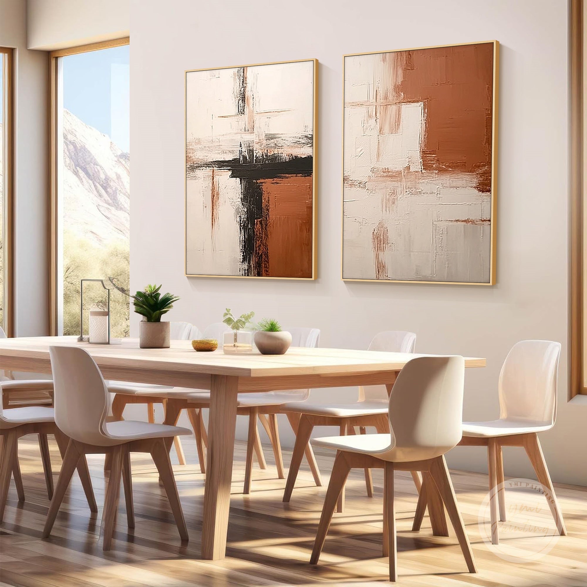 Neutral geometric abstract wall art set, adding balance and sophistication to interiors.