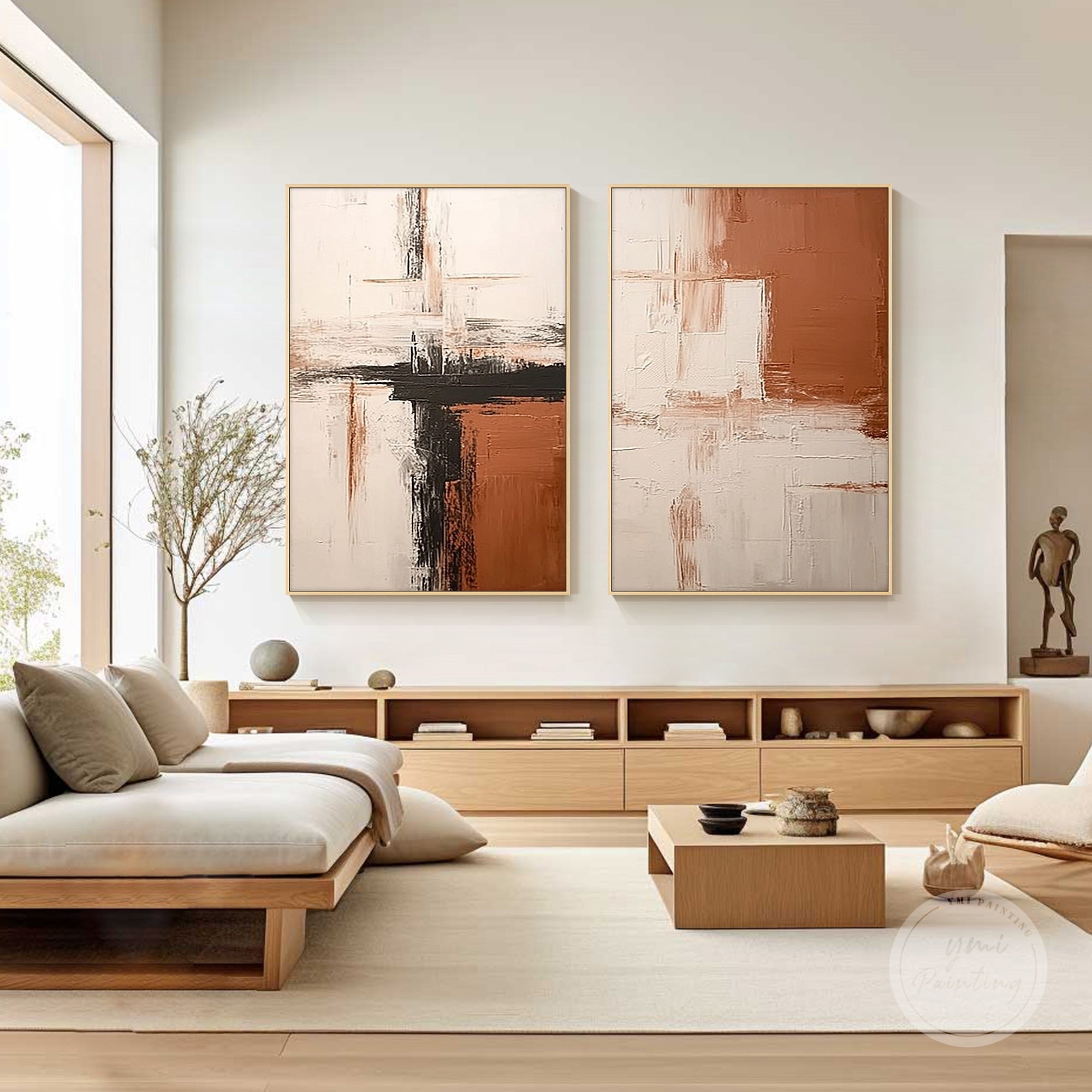 Textured abstract diptych artwork in warm neutral tones, creating a calm and elegant atmosphere.