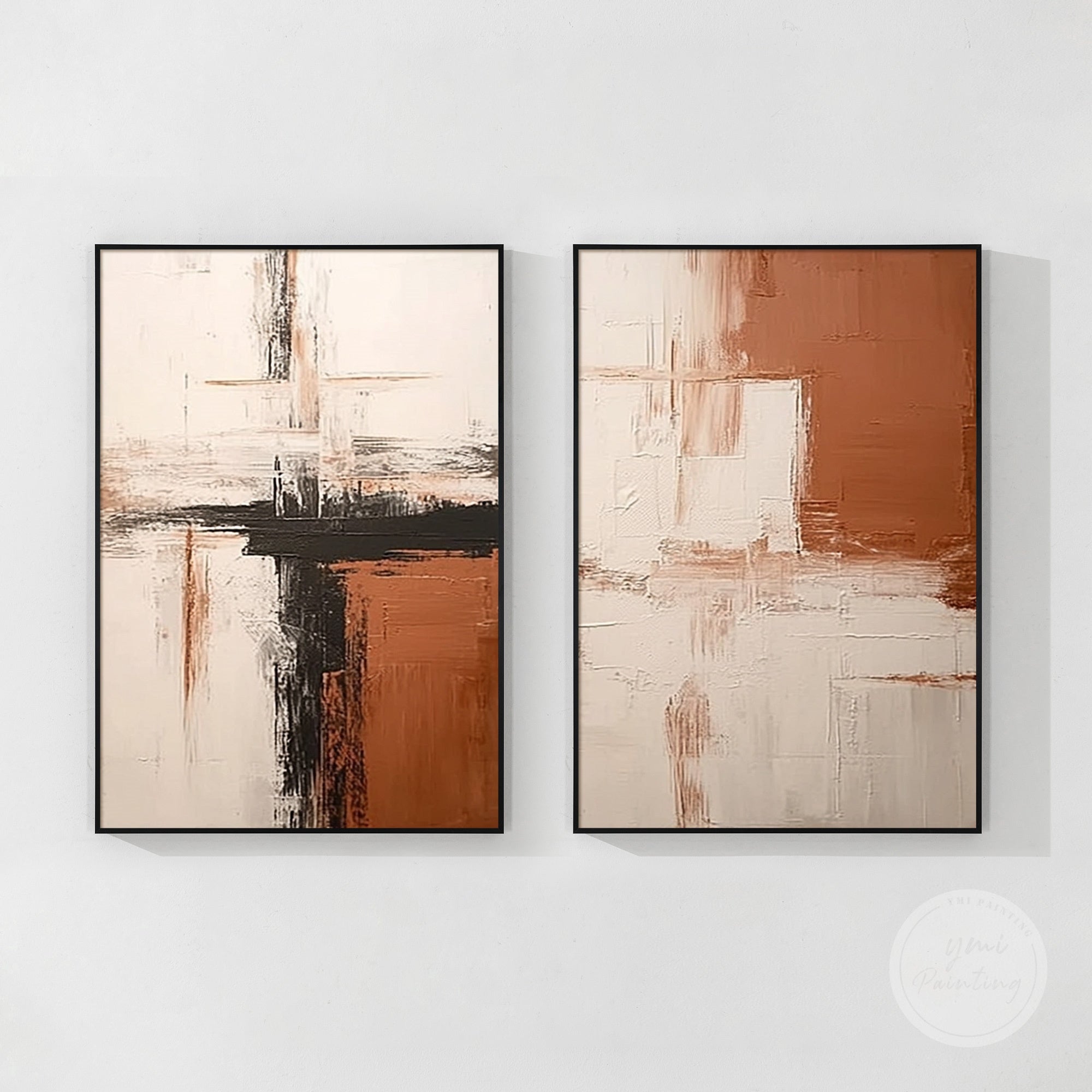 Hand-painted geometric abstract art in beige and brown, refined and timeless.