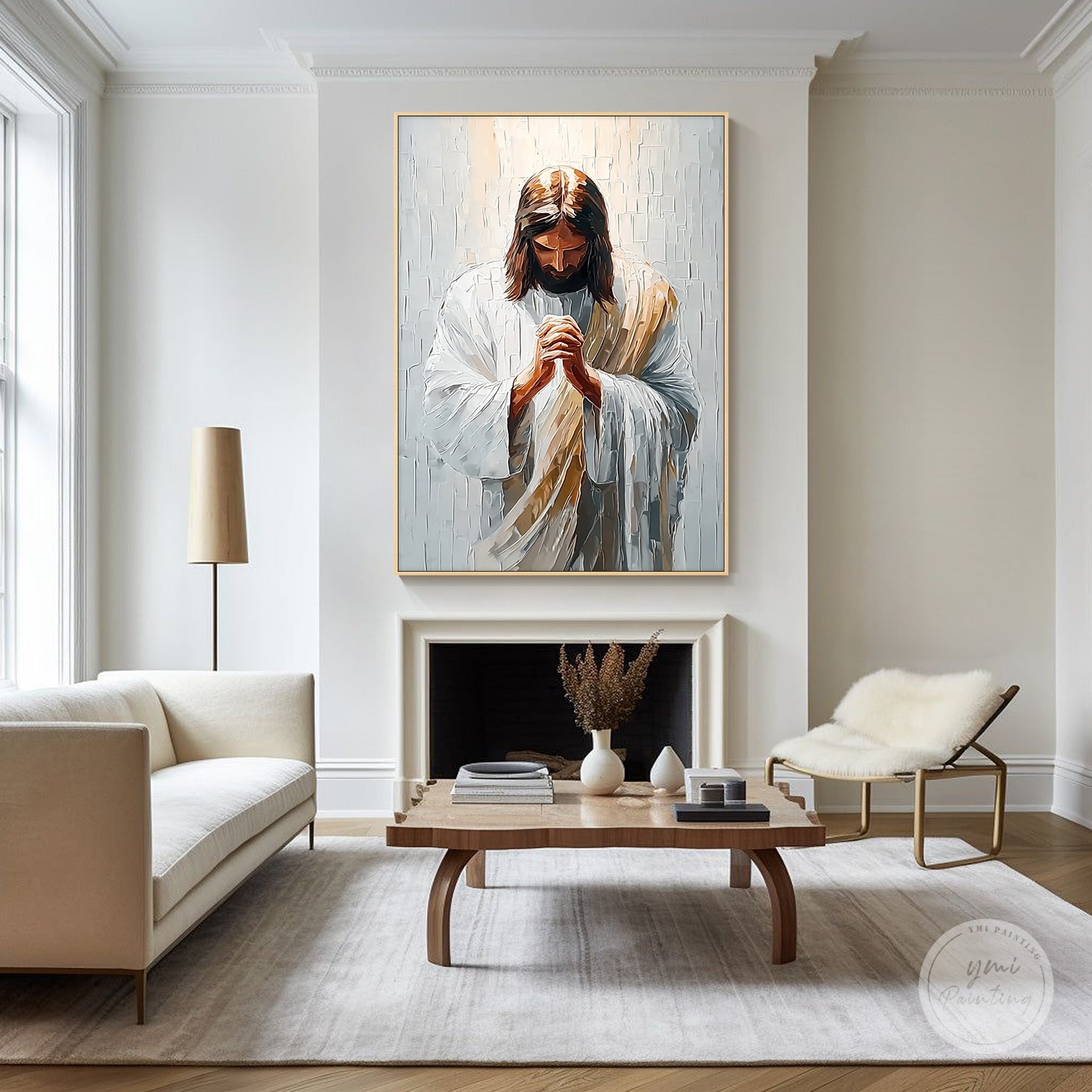 暖炉の上にあるリビングルームのキリスト・イエスの絵画