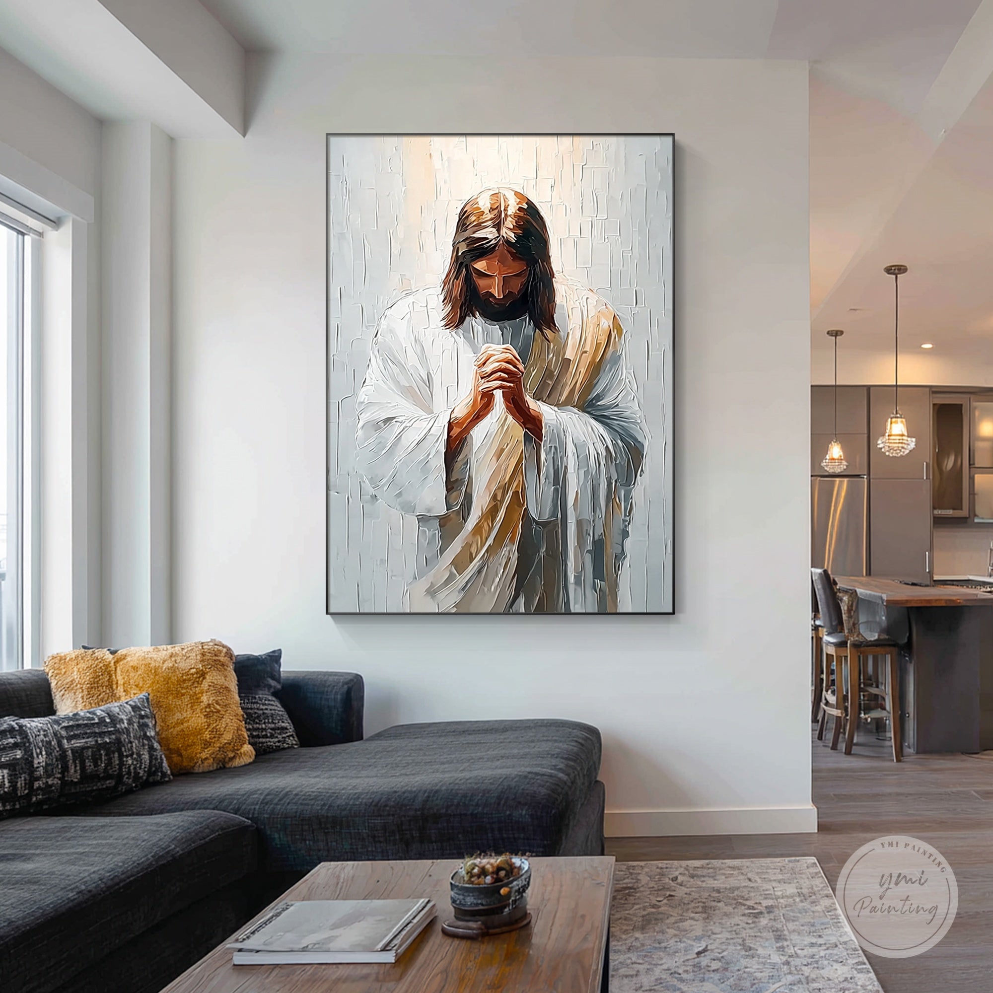 モダンなインテリアに合うニュートラルトーンの宗教的な壁飾り