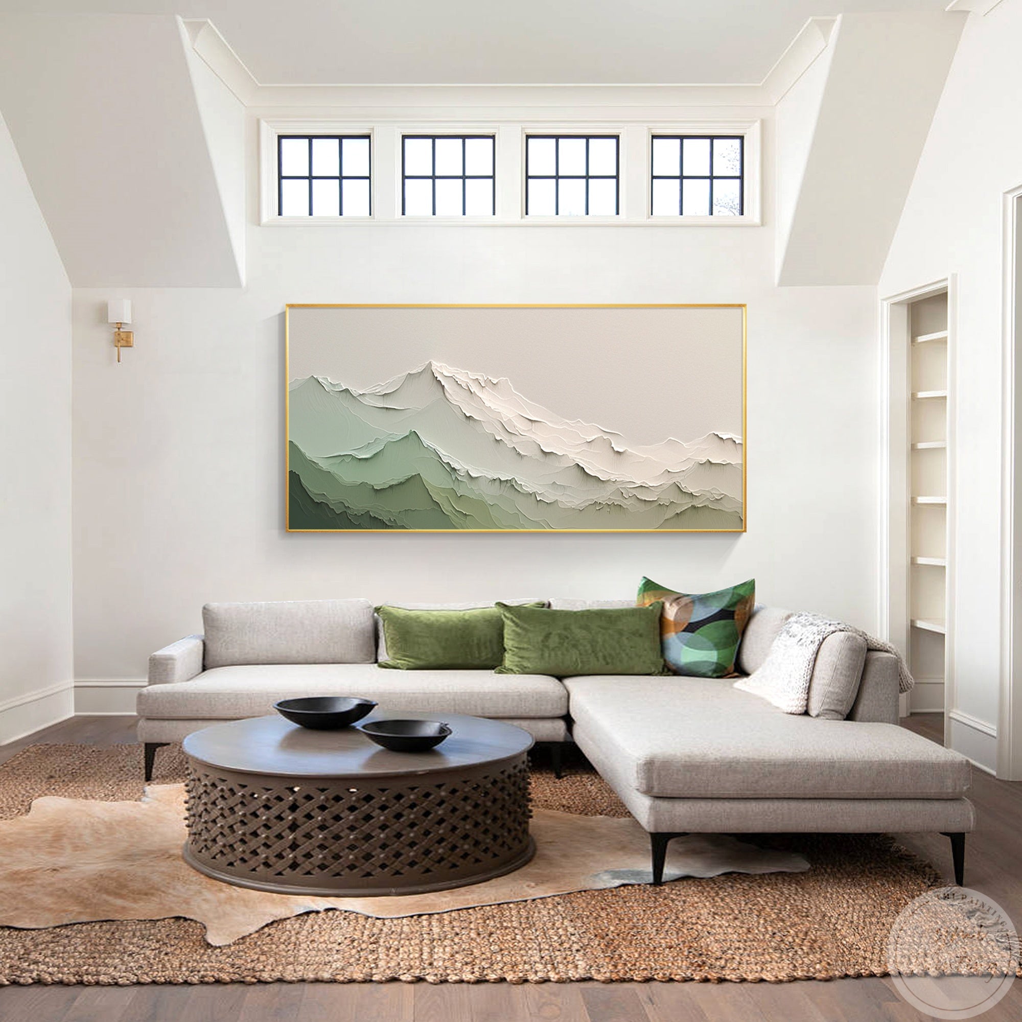 A abstract mountain range painting in neutral tones that brings a sophisticated, soothing touch to contemporary living spaces.
