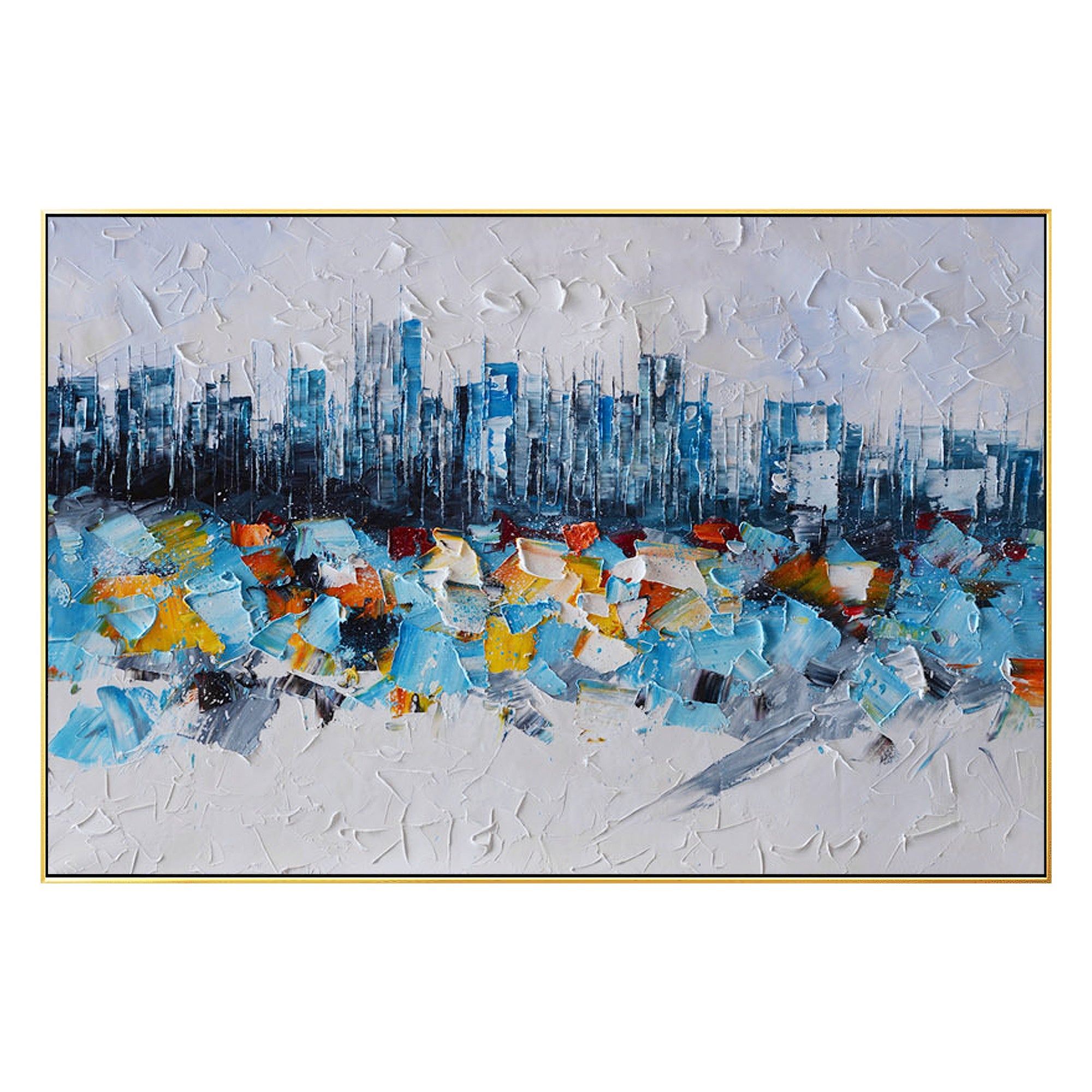 White and blue abstract textured painting of New York City, with modern strokes and rich details.