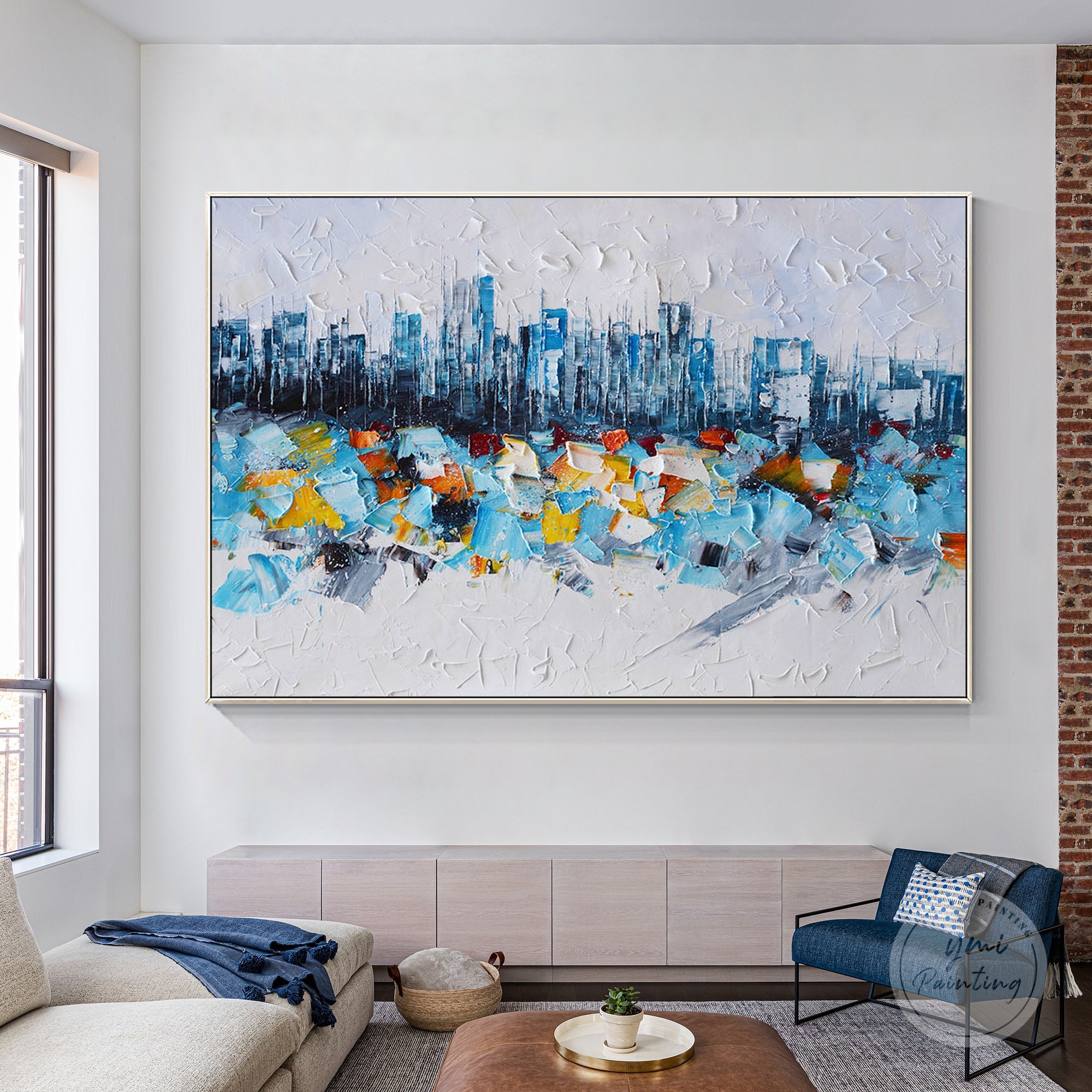 Hand-painted New York cityscape in abstract white and blue hues, textured oil painting on canvas.