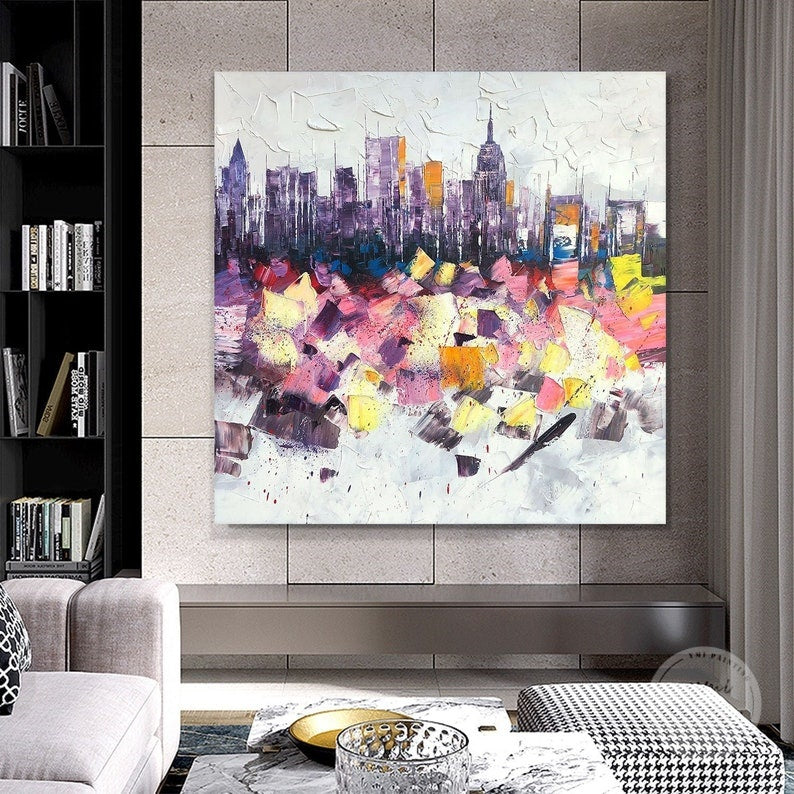 Urban cityscape artwork of New York, combining modern abstraction with iconic landmarks.