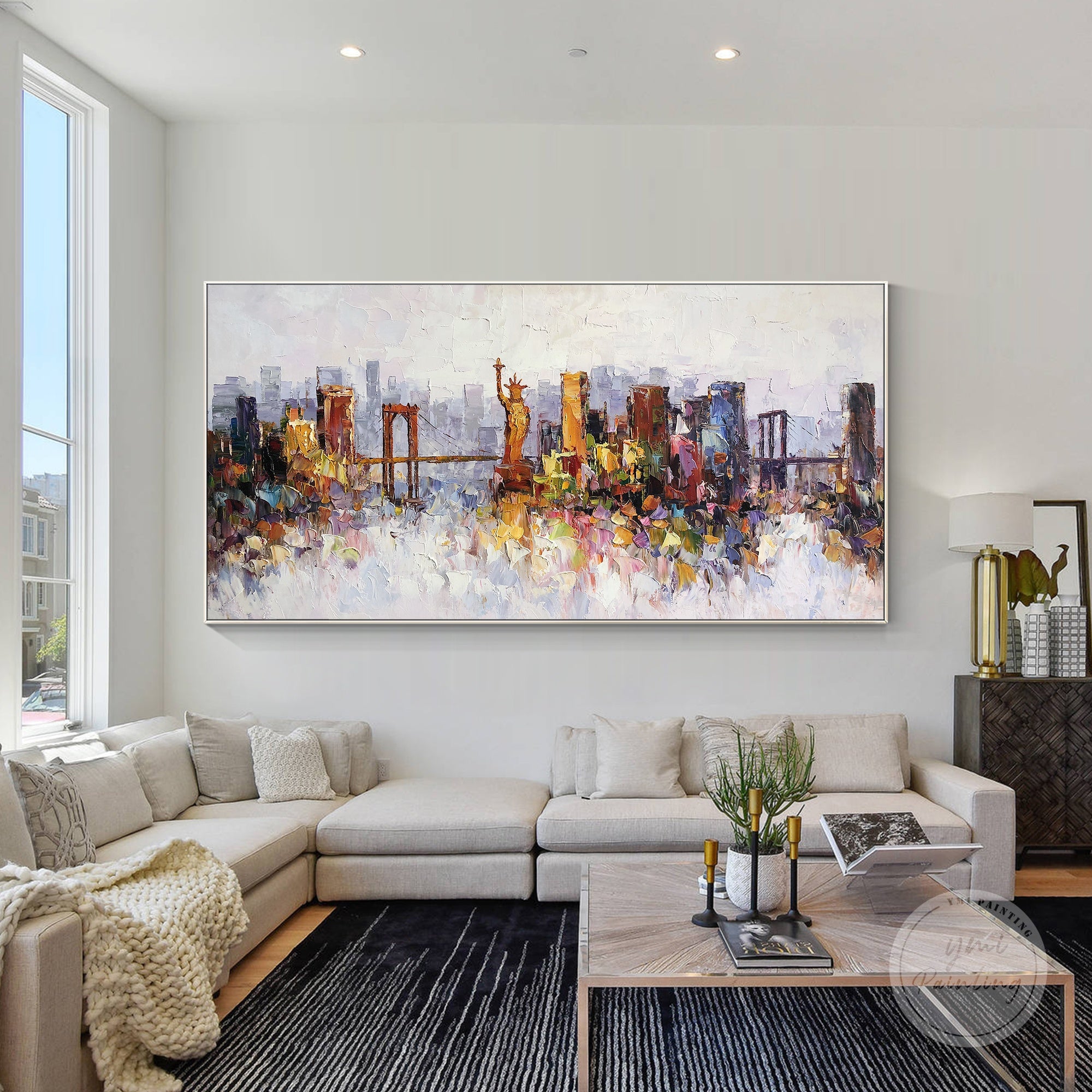 Extra-large framed New York cityscape painting with textured oil brushstrokes, featuring the Statue of Liberty.