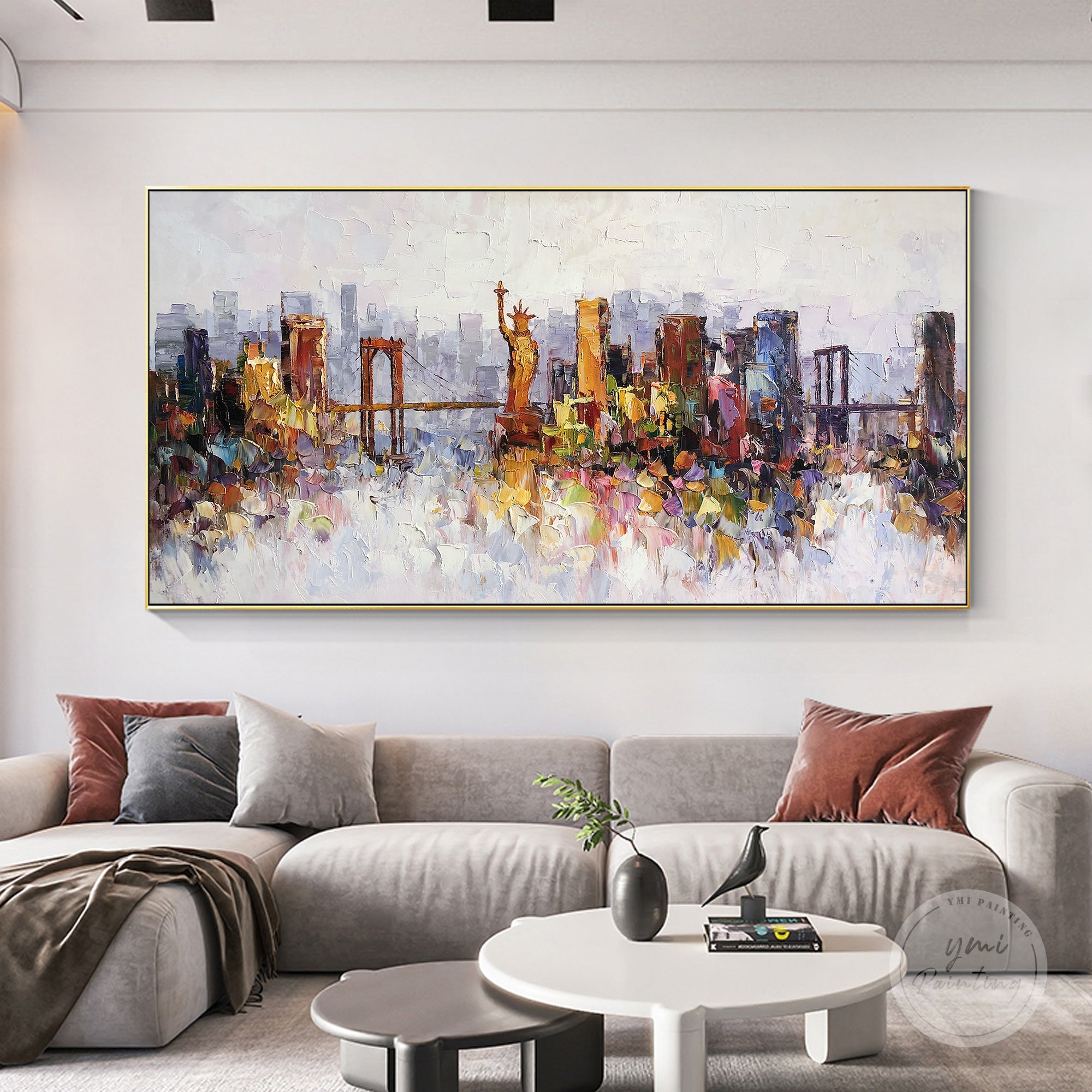 Statue of Liberty and New York skyline cityscape in abstract oil painting with heavy texture, large canvas art.
