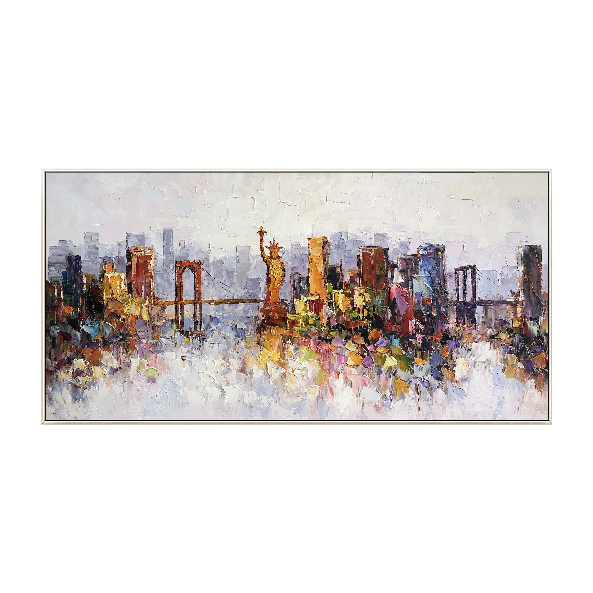 Abstract cityscape of New York with heavy texture, large oil painting on canvas, showcasing the Statue of Liberty.