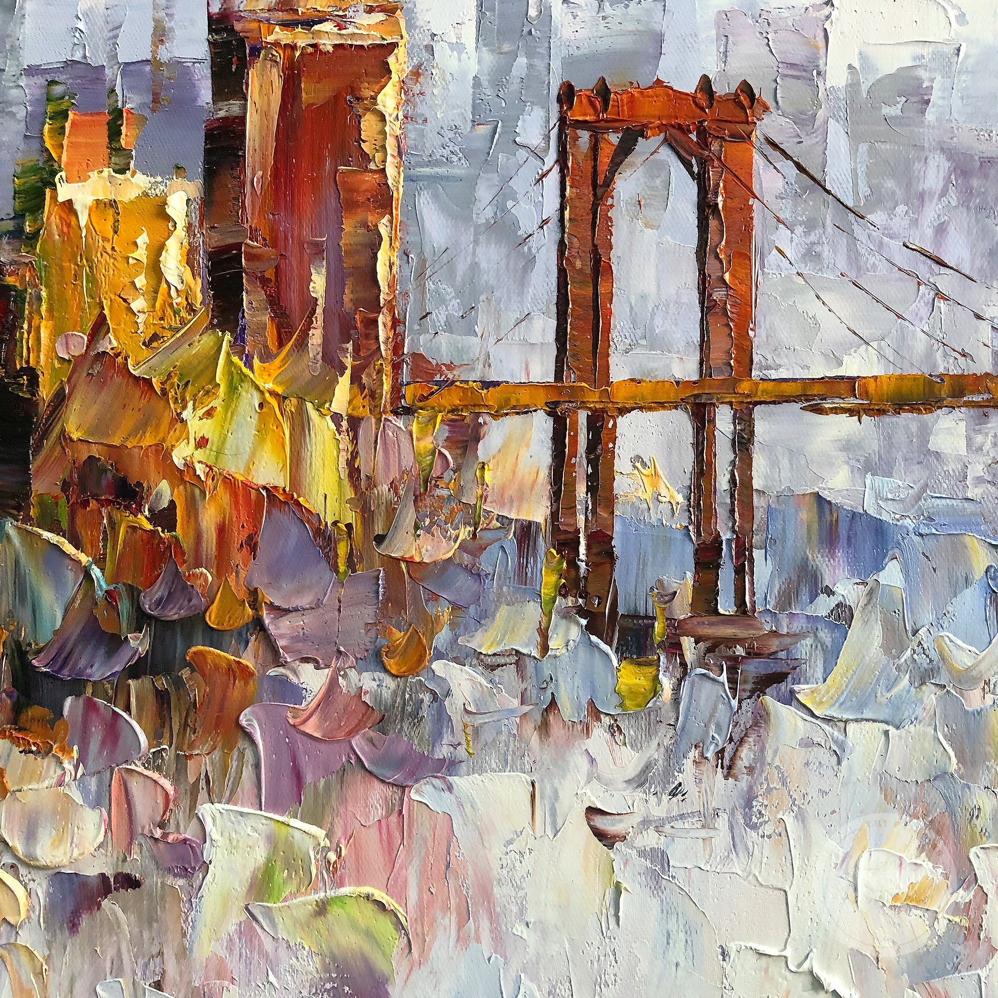 Hand-painted New York cityscape oil painting, with Statue of Liberty, featuring abstract heavy texture.
