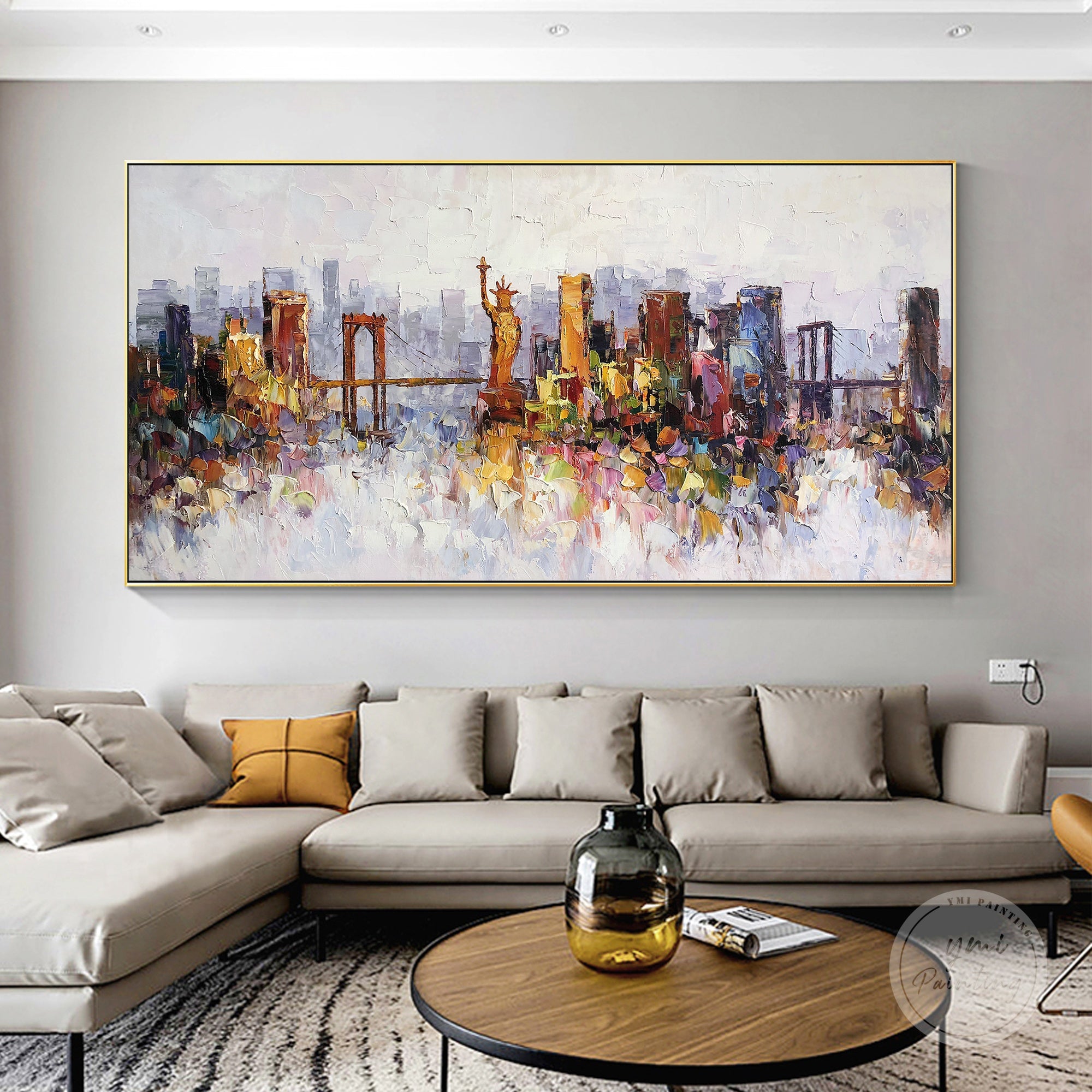 New York skyline oil painting with vivid colors, featuring the Statue of Liberty, perfect for large walls.