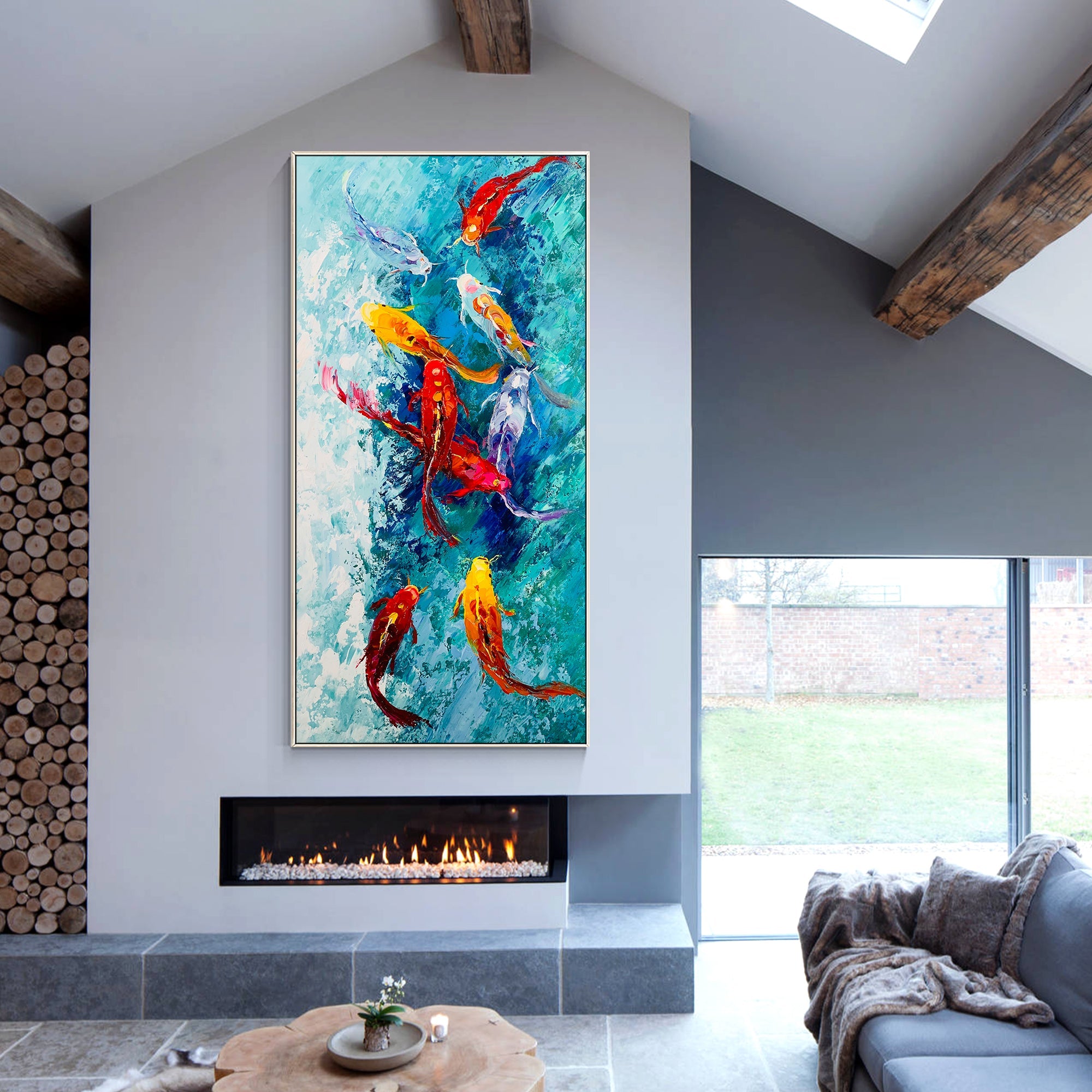 Nine koi fish wall art with blue water displayed in a modern living room