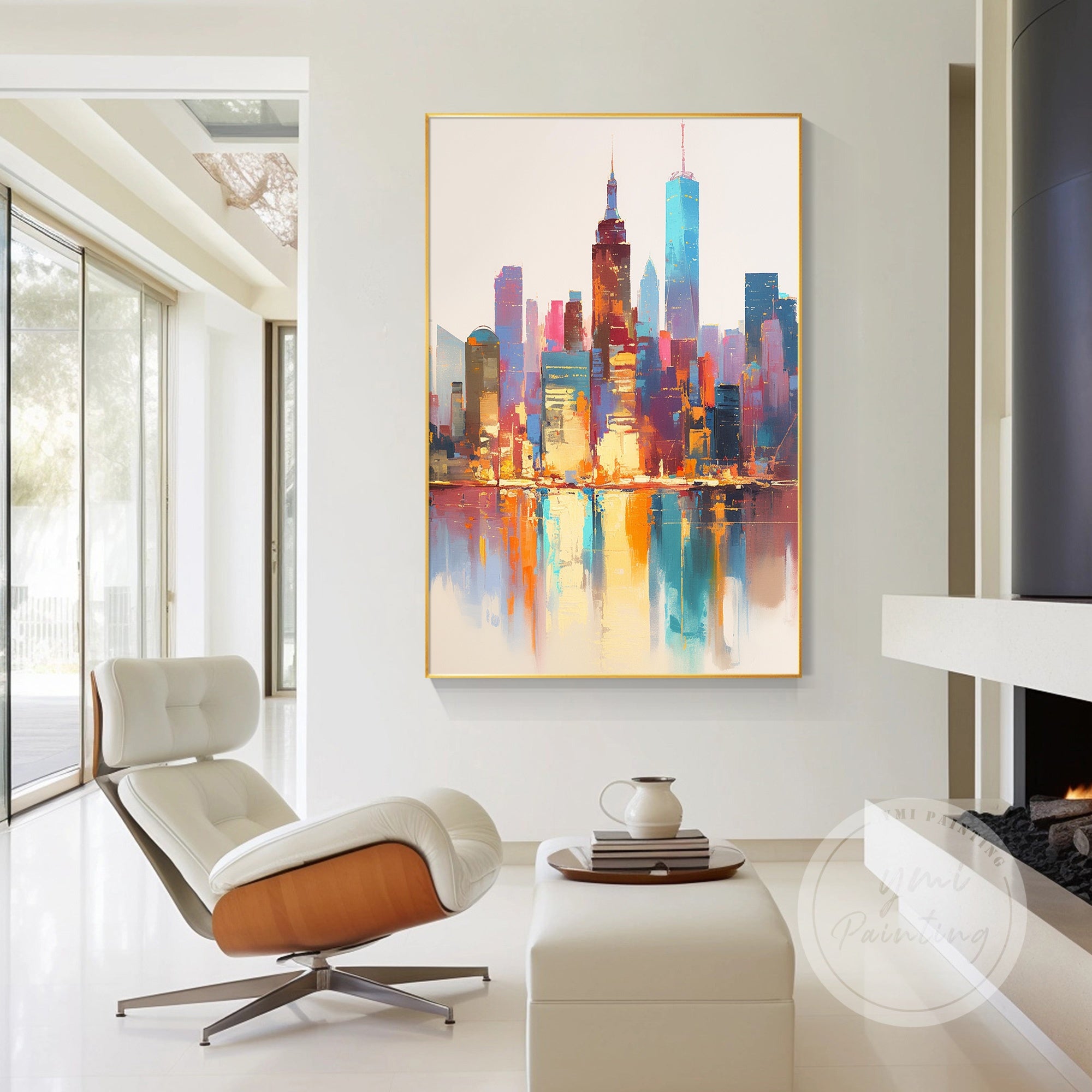 NYC abstract art featuring the skyline of Manhattan with bold brushstrokes and dynamic colors, perfect for modern city decor.