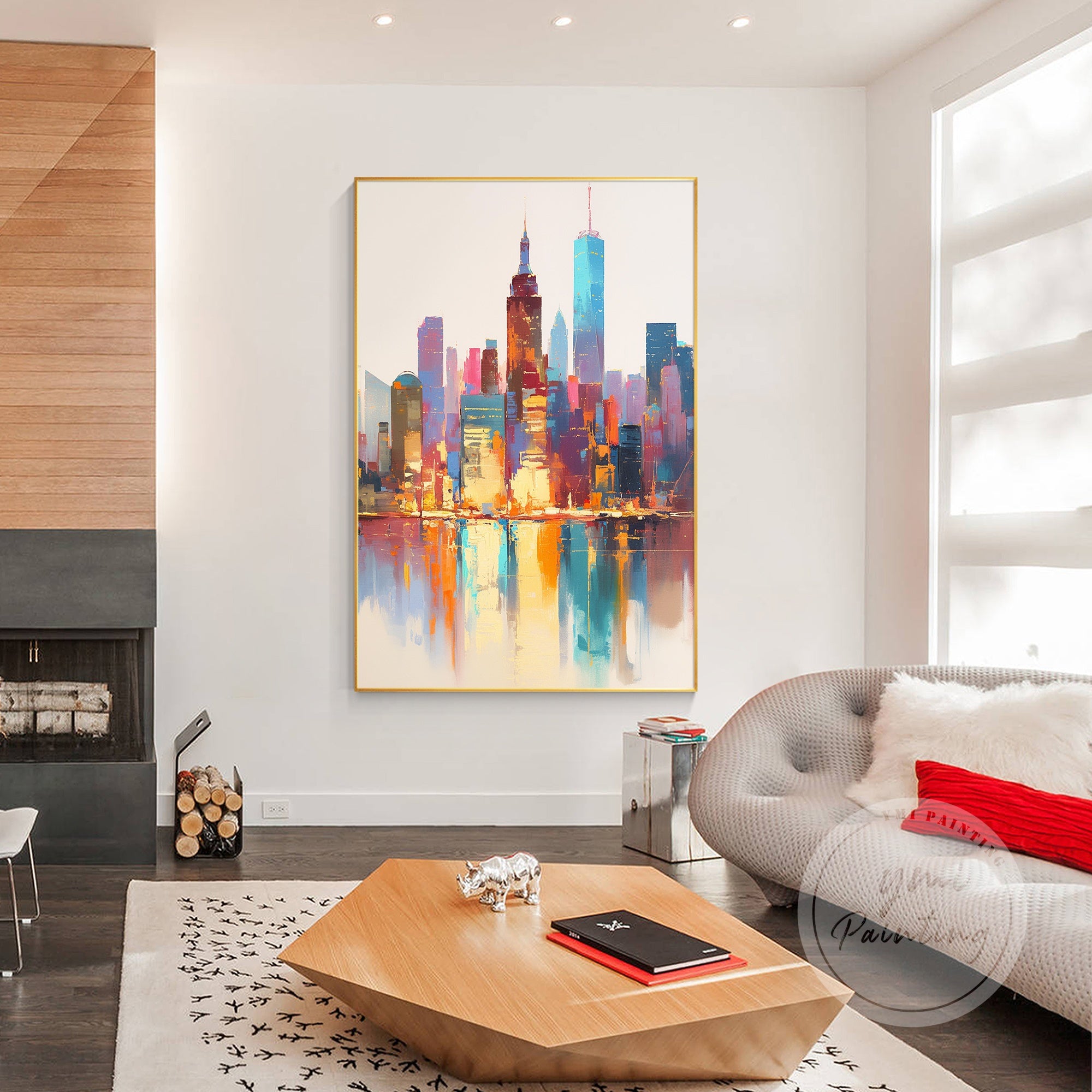 Large oil painting of New York buildings, capturing the energy and movement of the city in an expressive, abstract style.