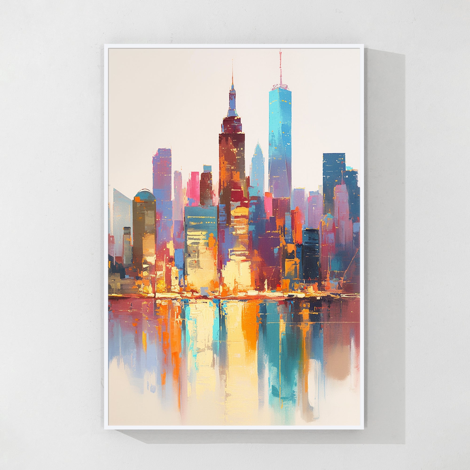 Original New York skyline painting with vibrant hues, designed to evoke the bustling spirit of Manhattan’s urban landscape.